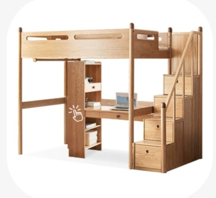 Solid Oak Wood Loft Bed with Storage Cabinet - Space-Saving Furniture for Small Rooms, Kids Bedroom & Dormitory