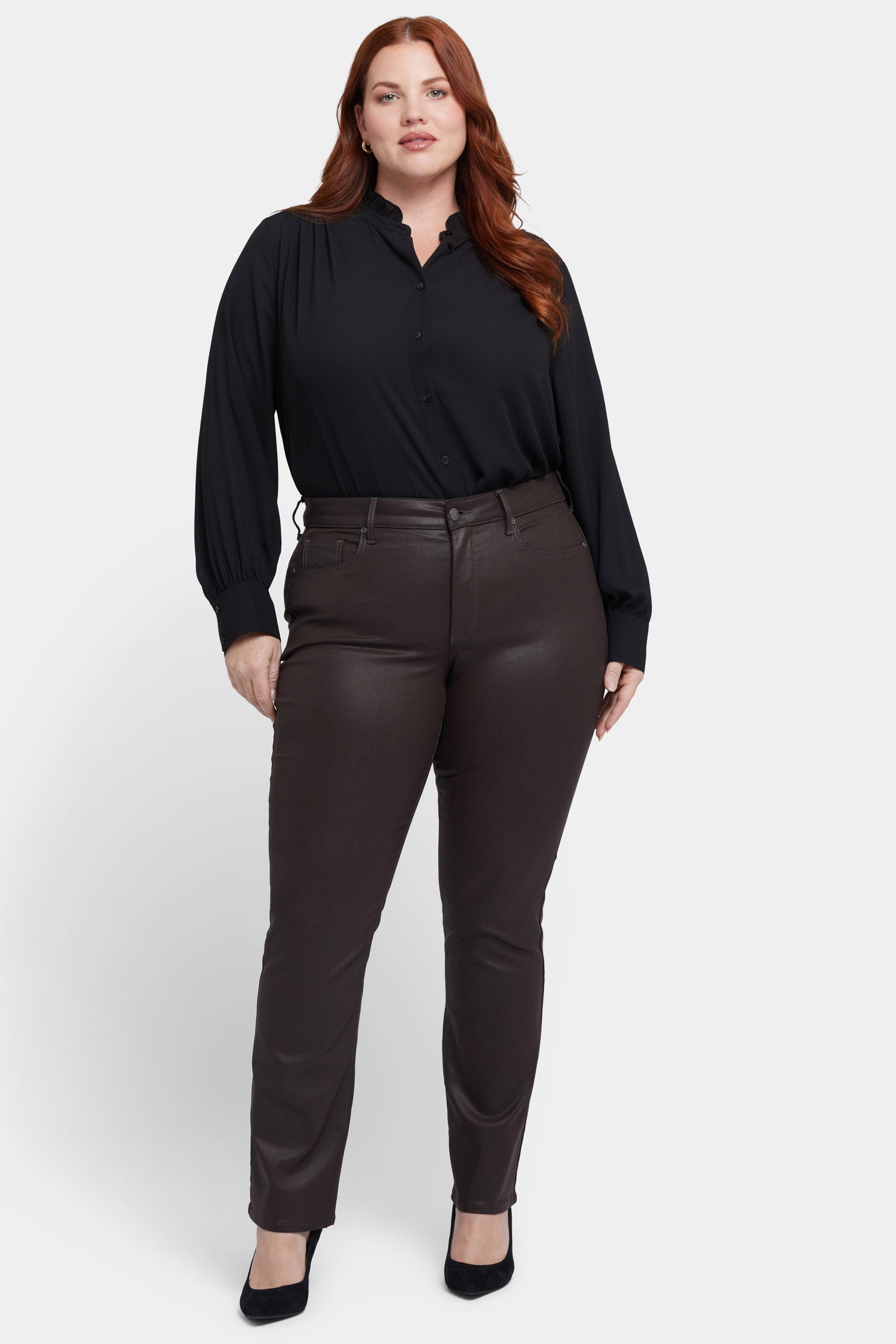 Plus Size Coated Marilyn Straight Jeans in Coffee Bean - High Waist Stretch Denim Pants for Women | Perfect for Casual Wear, Office & Date Night Outfits
