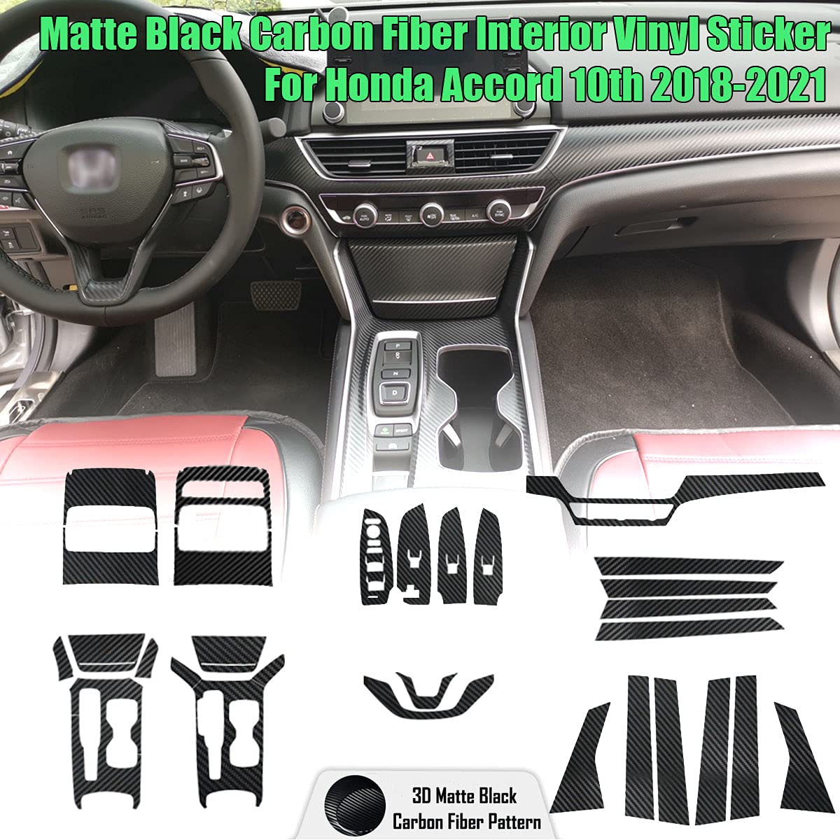 Matte Black Carbon Fiber Vinyl Wrap Cover for Honda Accord 10th Gen (2018-2021) - Center Console Dashboard & Armrest Panel Protector | Interior Decoration Sticker Accessories | Perfect for Car Customization & Scratch Protection