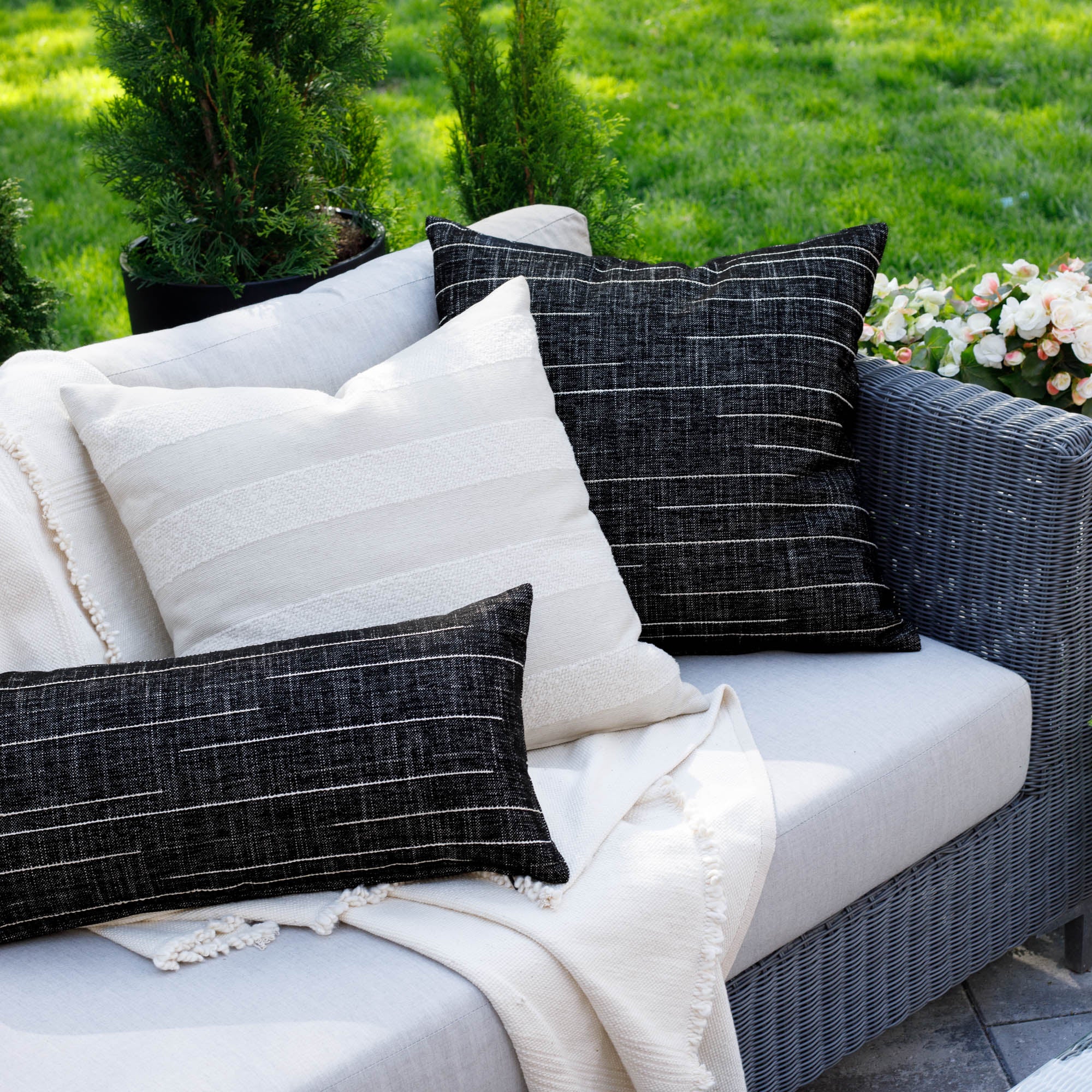 Yuzu 12x24 Outdoor Lumbar Pillow in Onyx - Waterproof & UV Resistant Back Support Cushion for Patio Furniture, Poolside Lounging & Garden Relaxation