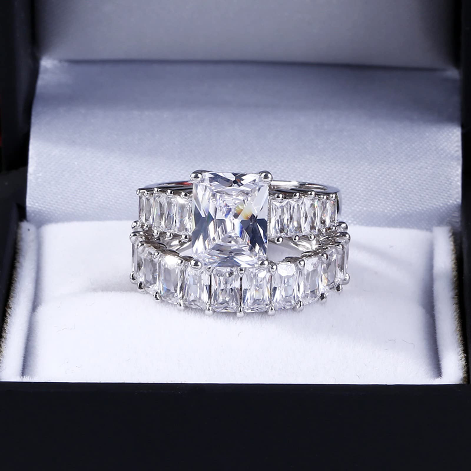 Jeulia 2PC Wedding Ring Set 3.85ct Radiant Cut Solitaire Engagement Ring for Women - 925 Sterling Silver Cubic Zirconia Diamond Eternity Band, Anniversary Promise Ring Bridal Set with Jewelry Box - Perfect for Proposals, Weddings & Romantic Gifts