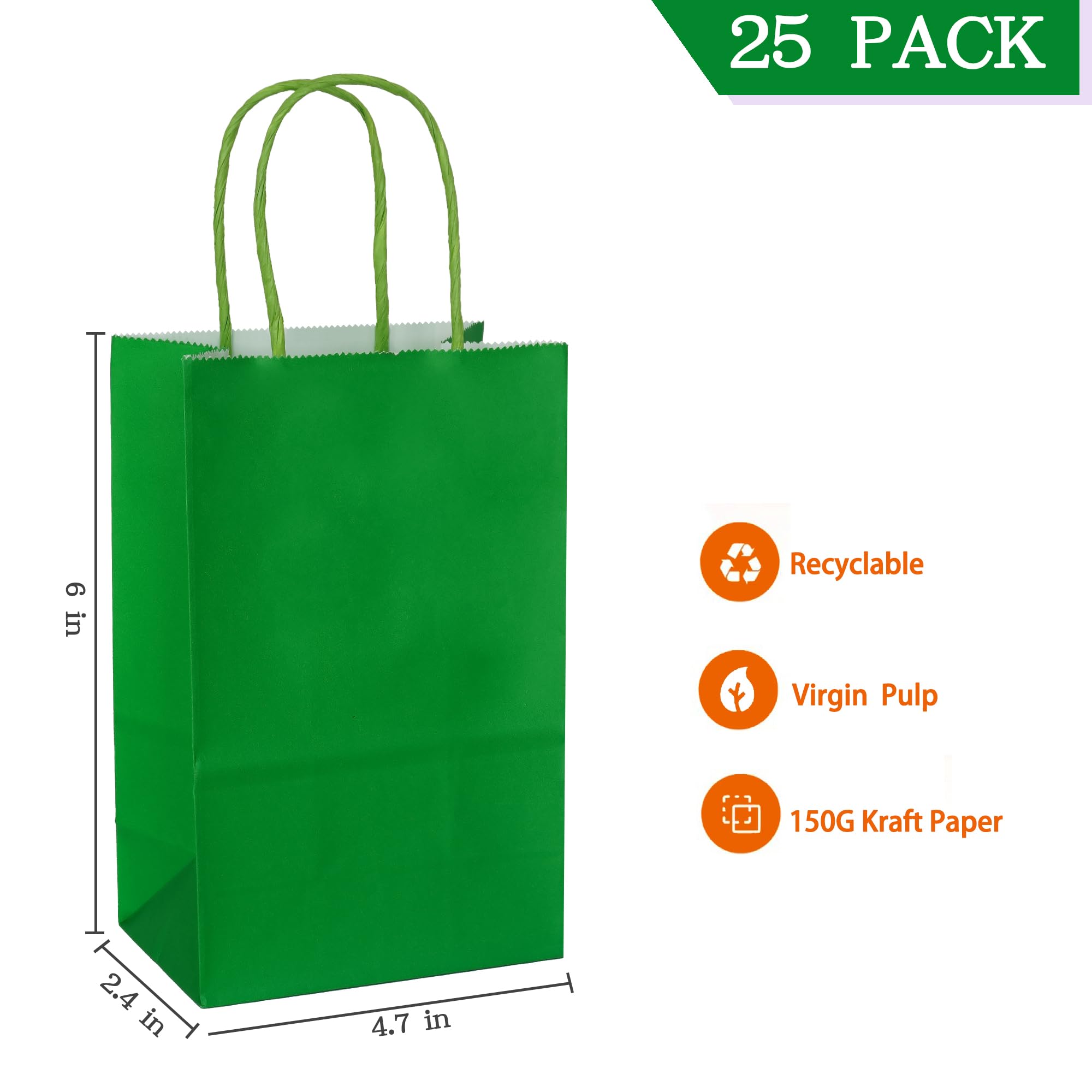 AZOWA 25-Pack Mini Kraft Paper Gift Bags with Handles - 4x2.4x6 Inches, Eco-Friendly Green - Perfect for Party Favors, Wedding Decorations & Small Gifts Packaging