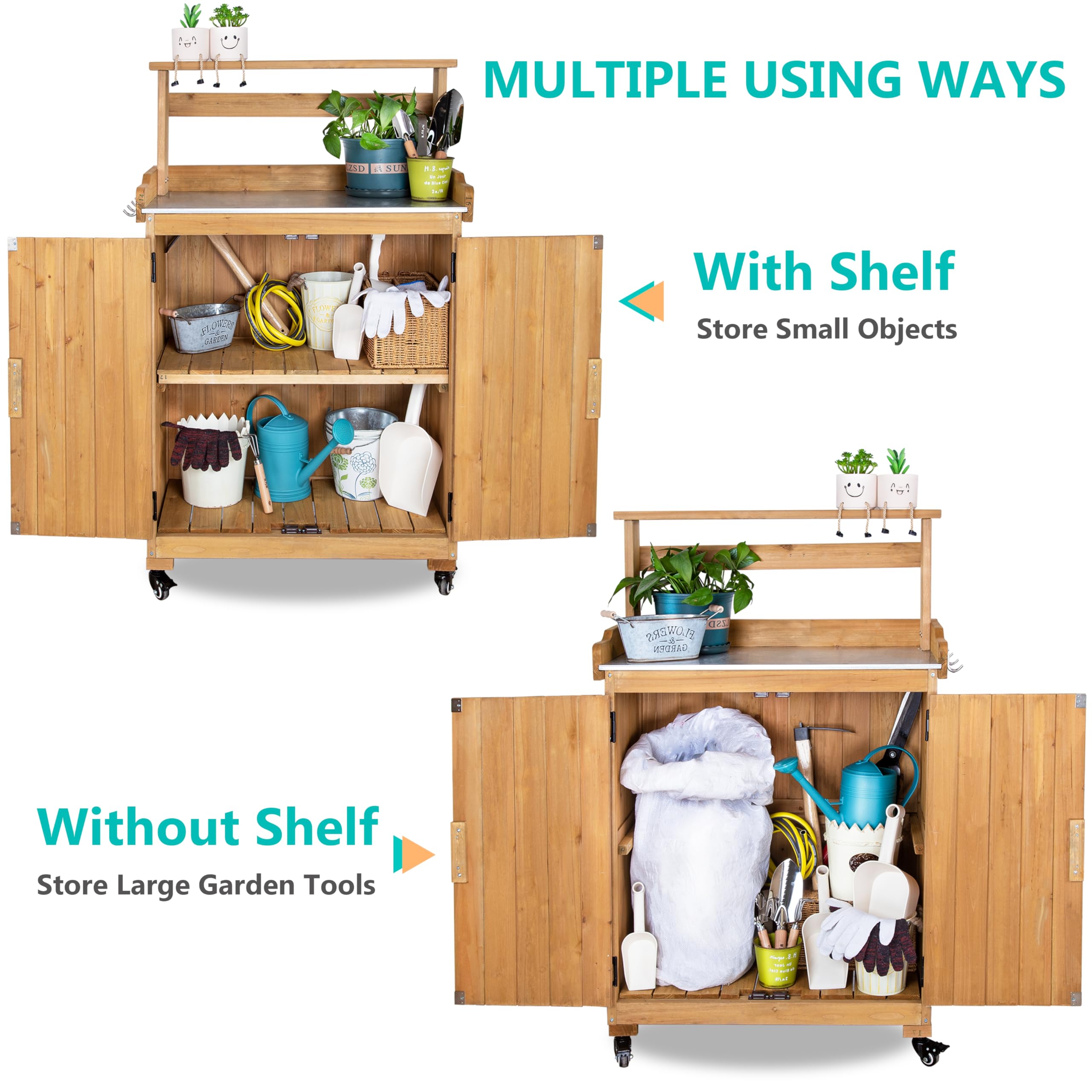 Outdoor Potting Bench with Storage - Weatherproof Garden Work Table with Metal Top & Wheels - Perfect for Planting, Gardening & Outdoor Organizing