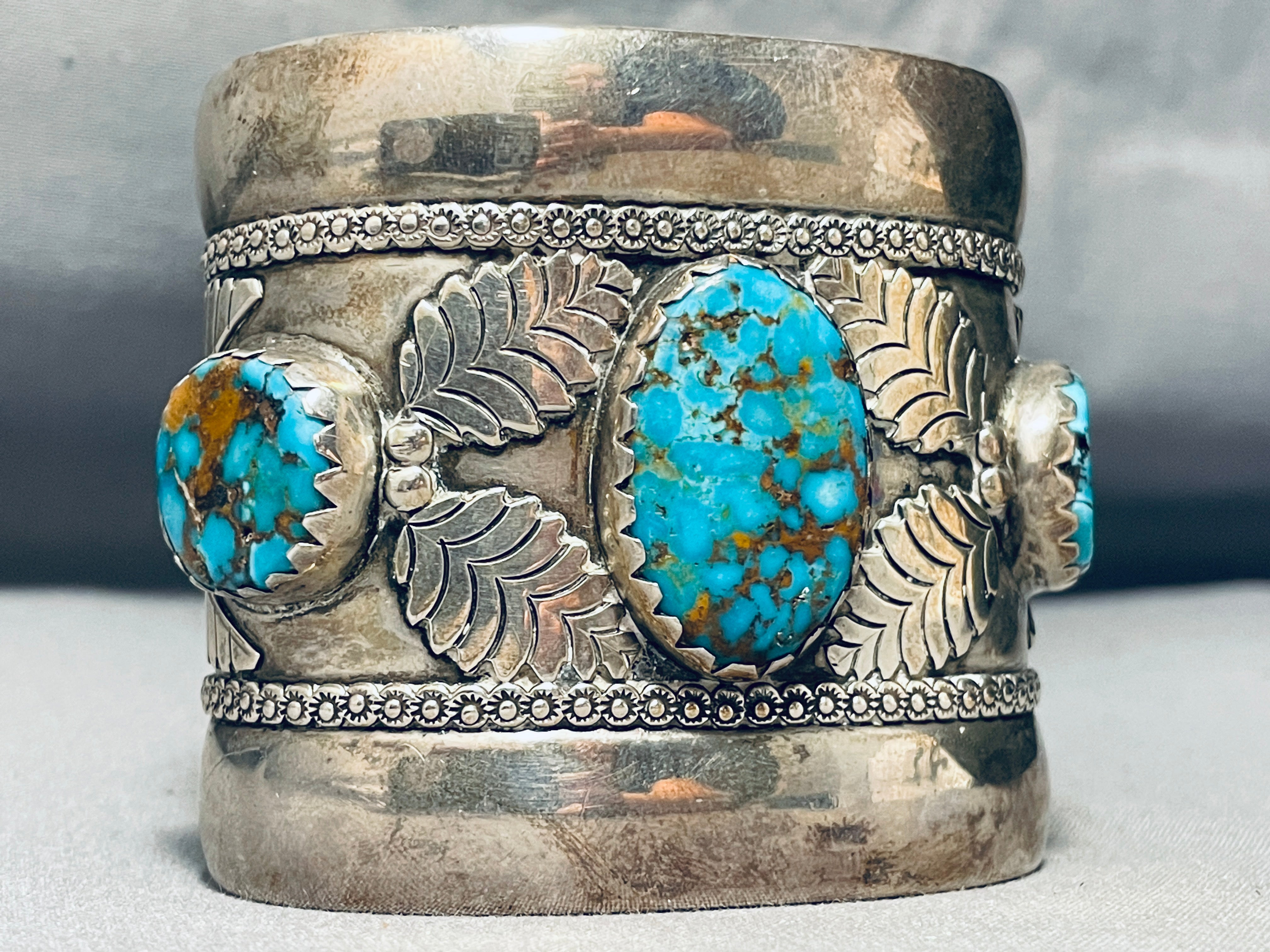 Vintage Navajo Spiderweb Turquoise Sterling Silver Leaf Bracelet - 154g Handmade Native American Jewelry for Women, Boho Style Accessories, Perfect for Festivals & Special Occasions