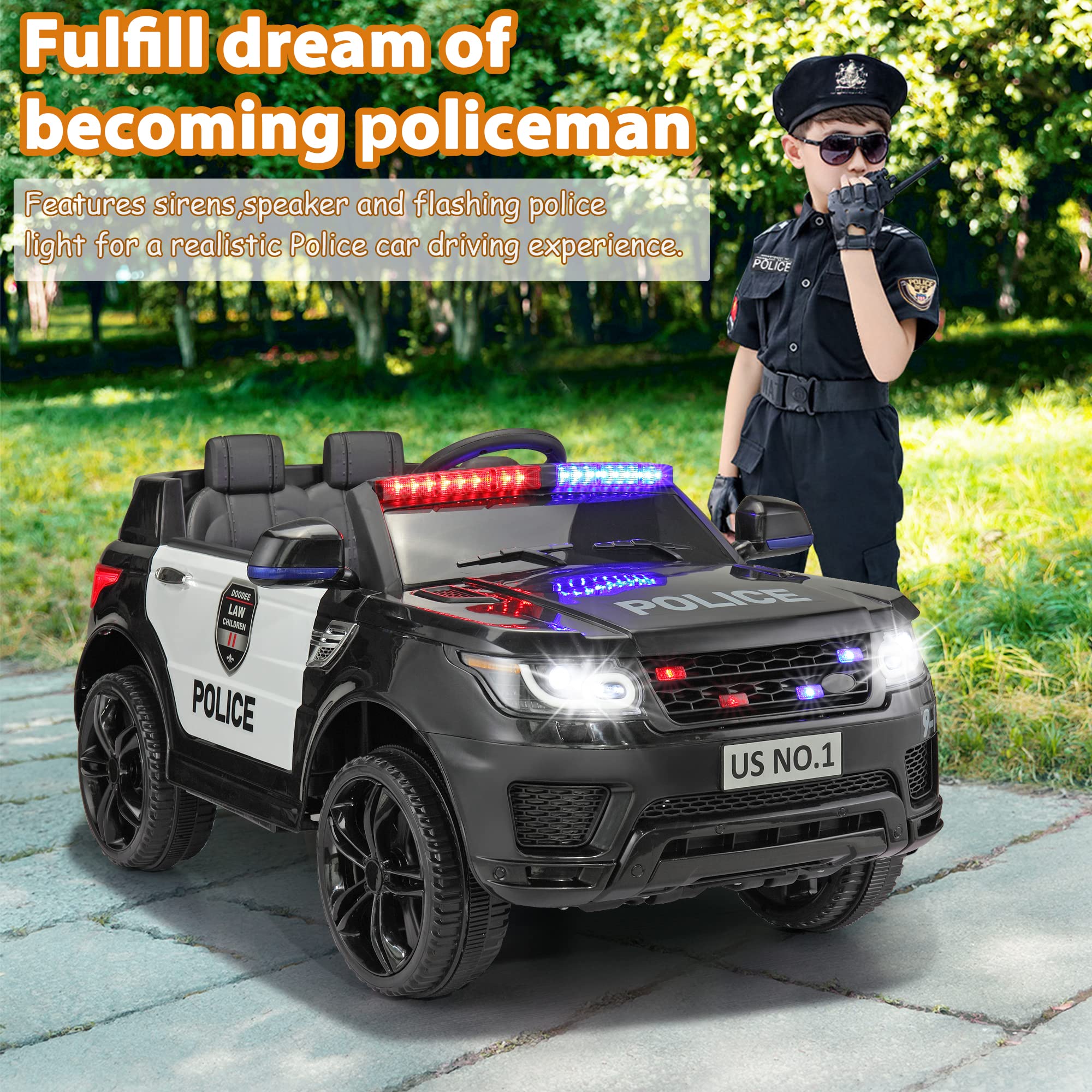 TOBBI Kids Electric Police Car Ride-On Toy with Remote Control, Siren, Flashing Lights & Music - Battery Powered Spring Suspension Toy Vehicle for Boys & Girls (Carbon Black) - Perfect for Birthday Gifts, Outdoor Play & Pretend Police Adventures