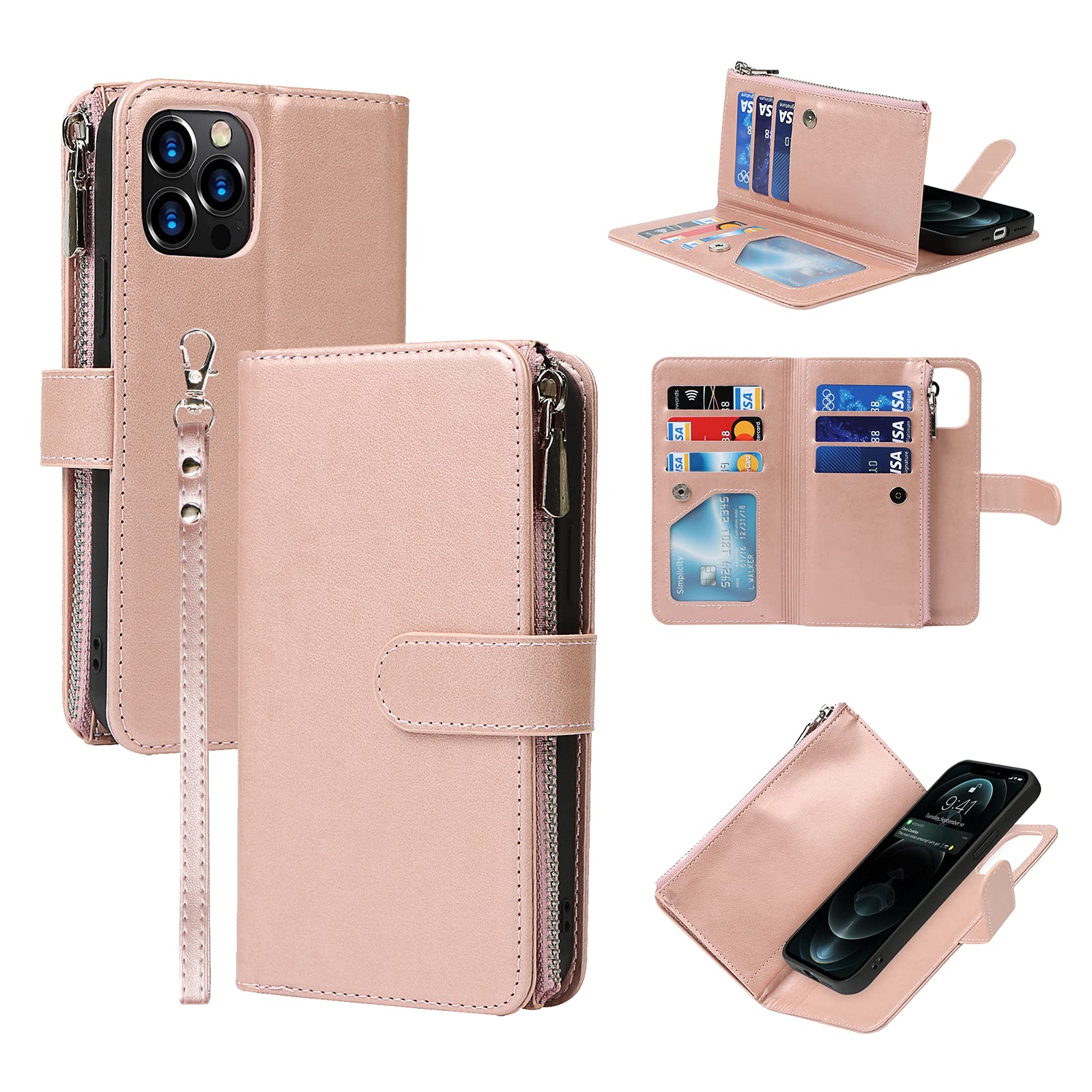 ELTEKER Premium Leather 2-in-1 Detachable Wallet Case for iPhone 12 Pro Max - Zipper Flip Cover with 6 Card Slots, Cash Pocket & Kickstand (Rose Gold) | Perfect for Travel, Business & Everyday Use