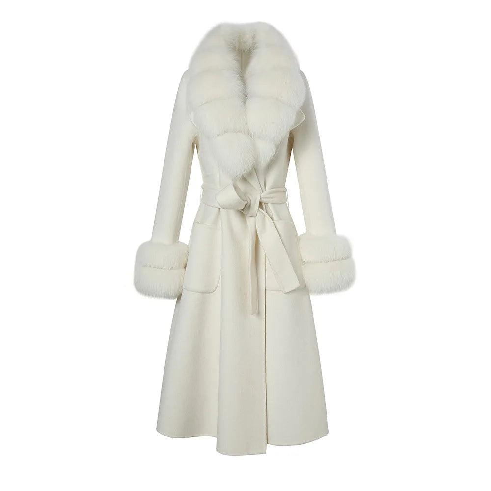 Luxury Women's Long Wool Coat with Detachable Fox Fur Collar - Winter Warm Elegant Trench Coat for Office, Party & Formal Occasions