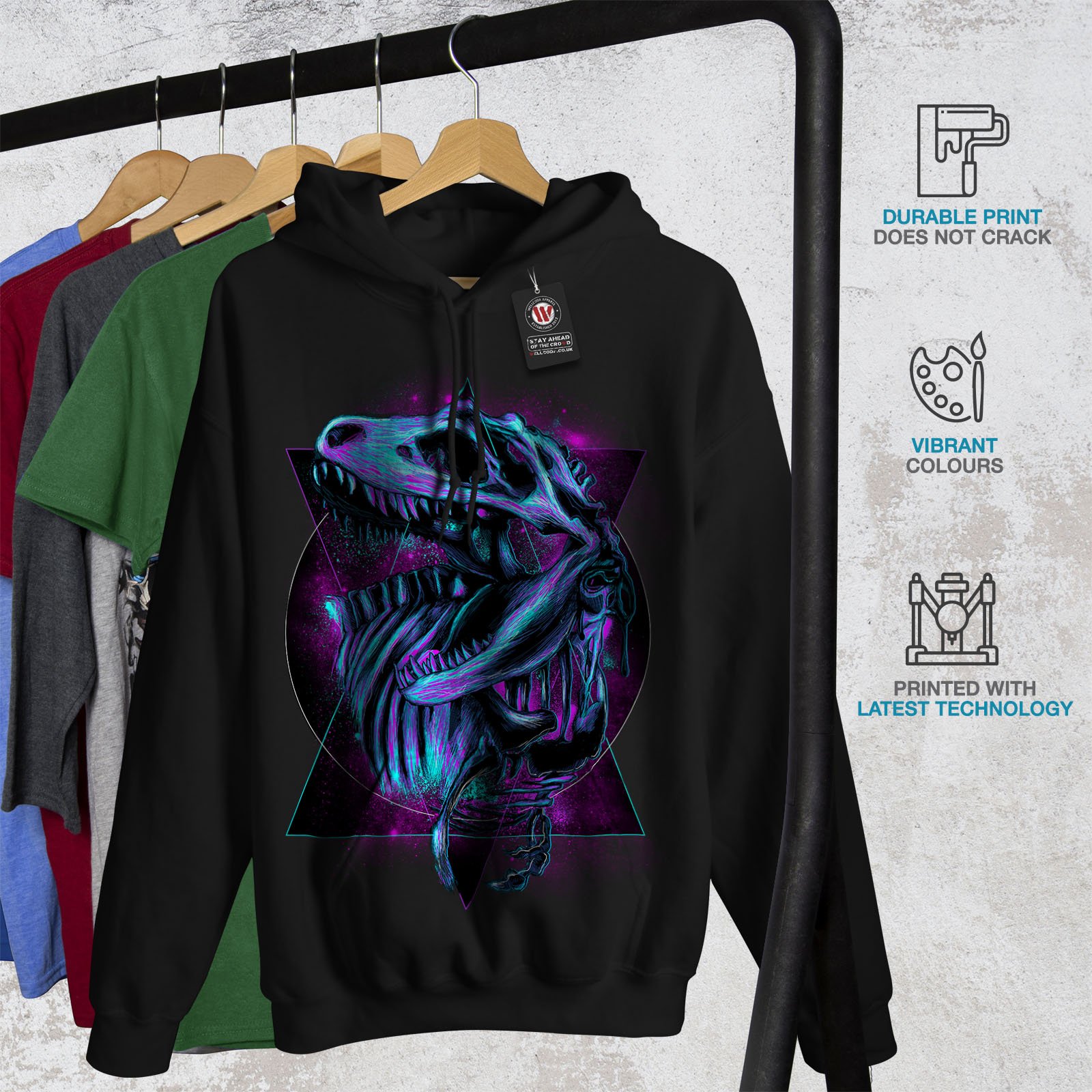 Wellcoda TRex Raptor Dinosaur Men's Hoodie - Classic Pullover Hooded Sweatshirt for Casual Wear, Street Style & Outdoor Activities | Dinosaur Lovers Gift
