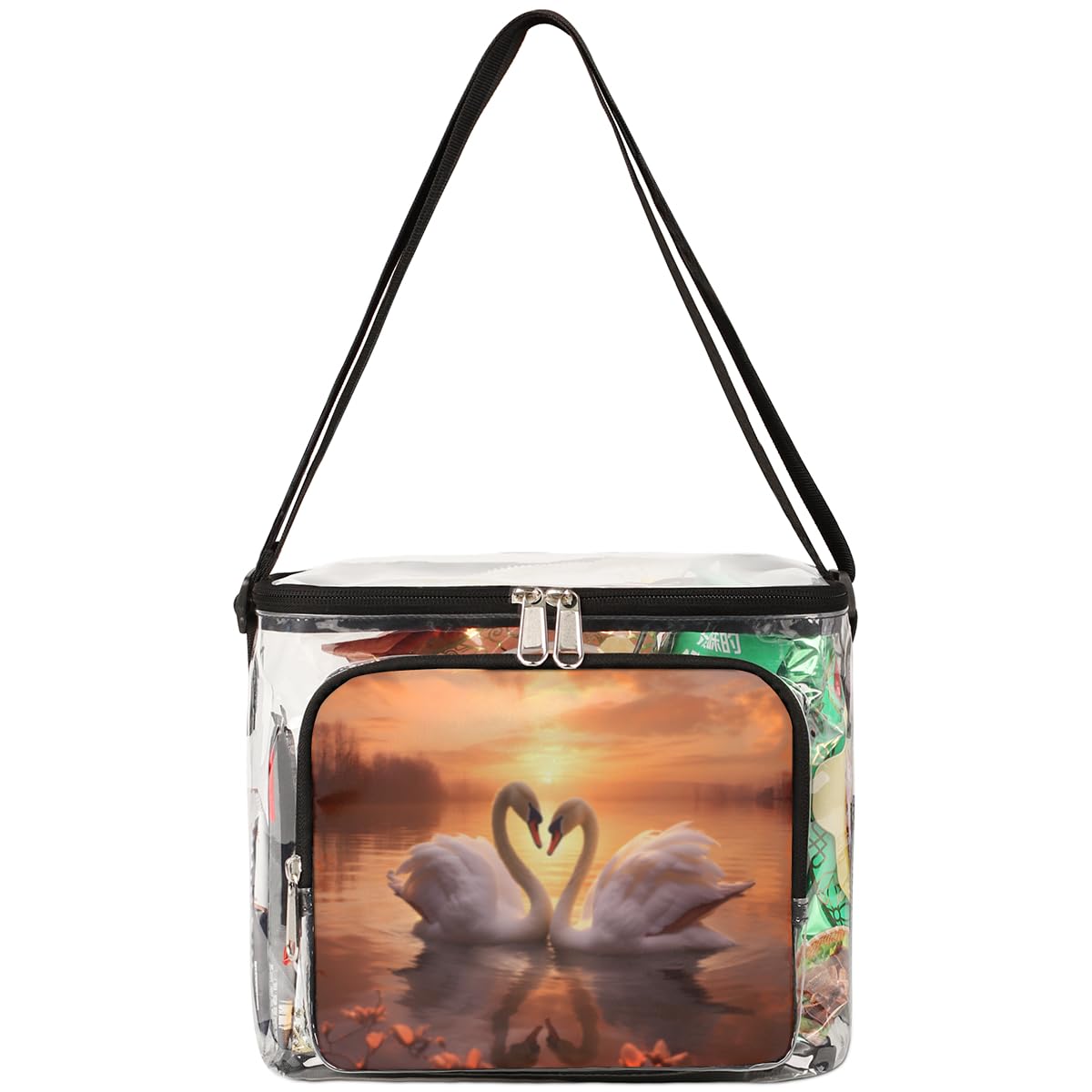 GzLeyigou White Swan Transparent Tote Bag with Handles - Waterproof Clear Crossbody Shoulder Bag for Lunch, Outdoor Activities, Travel, Picnic, Concerts & Sports Events | Stadium Approved Multipurpose Purse | Perfect for Beach Days, Shopping, and Music Festivals