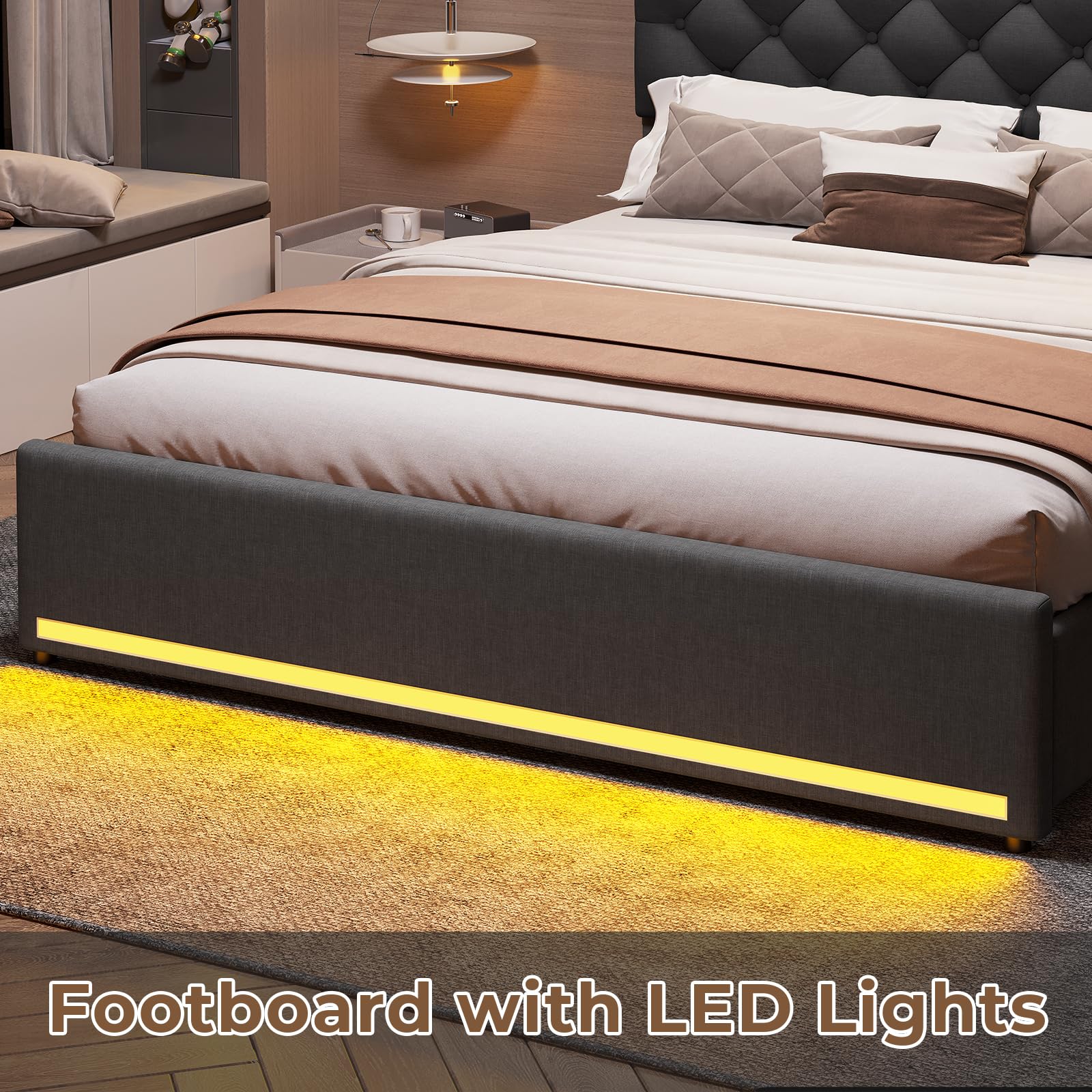 Queen Size Upholstered Platform Bed Frame with Hidden Storage Headboard, 4 Drawers, LED Lights & USB Charging Station - No Box Spring Needed, Noise-Free, Dark Grey - Perfect for Small Bedrooms, Guest Rooms & Modern Apartments