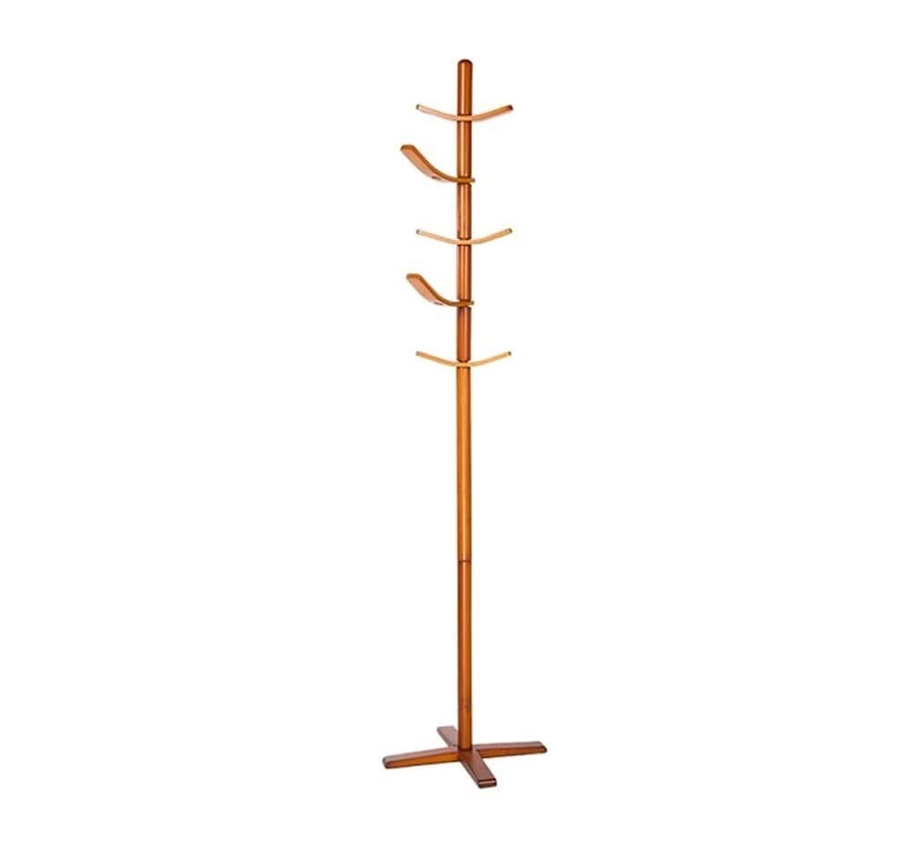 Solid Wood Coat Rack with 10 Rotating Hooks & Sturdy Cross Base - Free Standing Hat Tree for Jackets, Coats, Hats, Scarves & Accessories - Perfect for Entryway, Bedroom, or Office Organization - Honey Color Finish