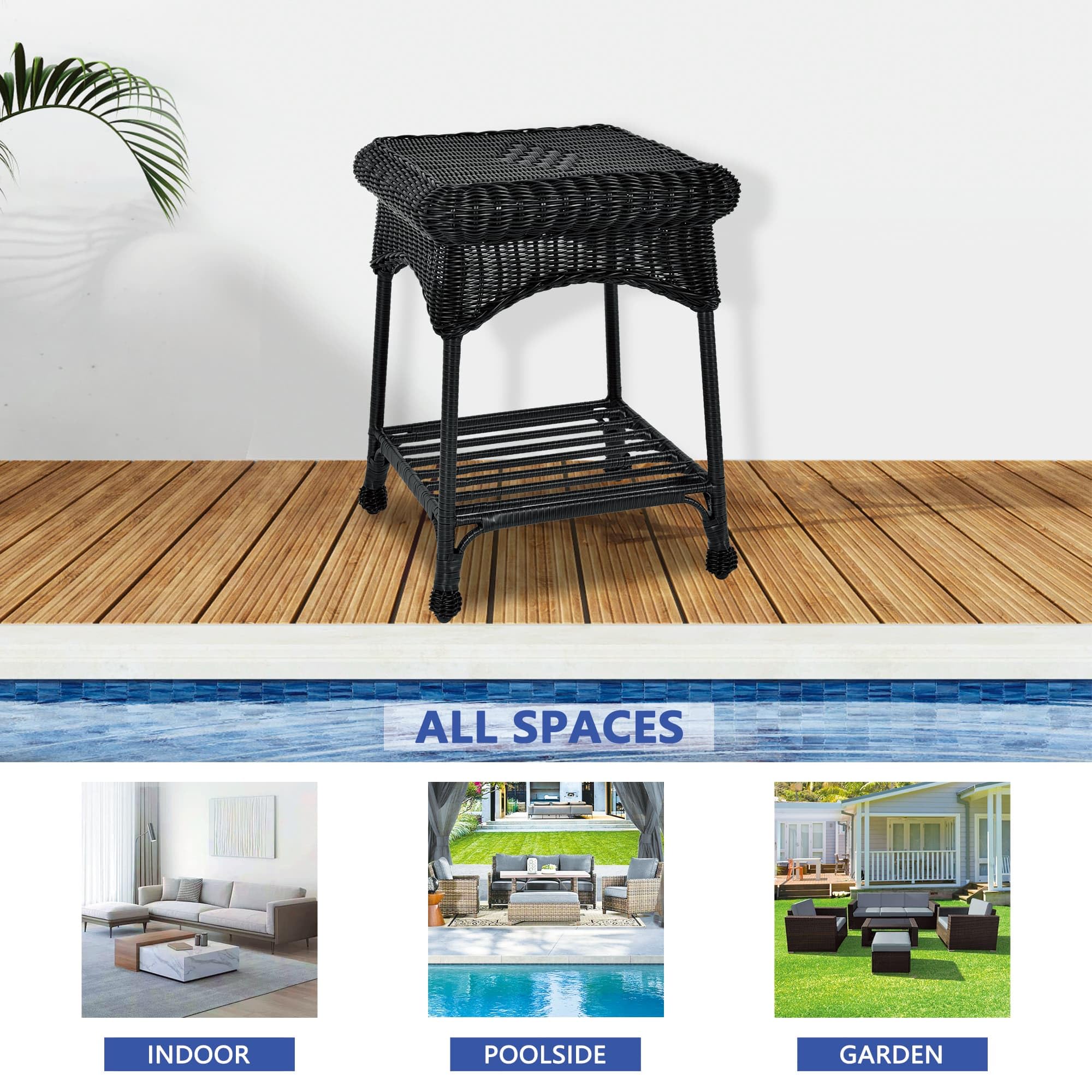 Jeco Outdoor Black Wicker End Table - Patio Side Table with Glass Top, Weather-Resistant Rattan Coffee Table for Garden, Poolside & Balcony Decor
