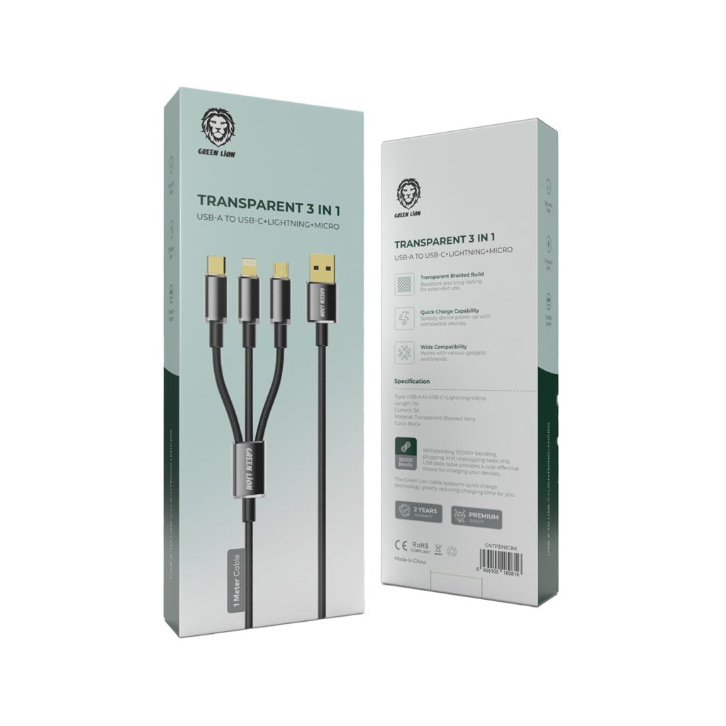 Green Lion 3-in-1 Braided Nylon Charging Cable - Durable Fast Charging Cord for iPhone, Android, Type C Devices | Perfect for Home, Office & Travel Use