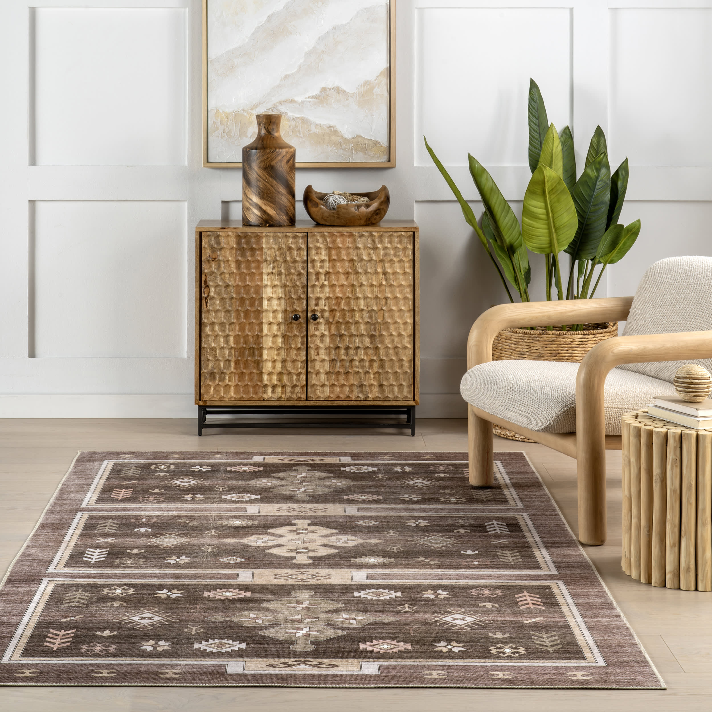 Briar Geometric Spill Proof Washable Rug - Dark Brown Non-Slip Area Rug for Living Room, Bedroom, Kitchen & High Traffic Areas