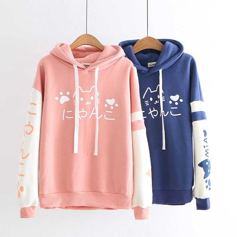 Women's Anime Cute Cat Kawaii Hoodie - Japanese Aesthetic Meow Fleece Hooded Sweatshirt, Korean Style Fall Winter Pullover | Casual Outfit, Cosplay, Streetwear Fashion