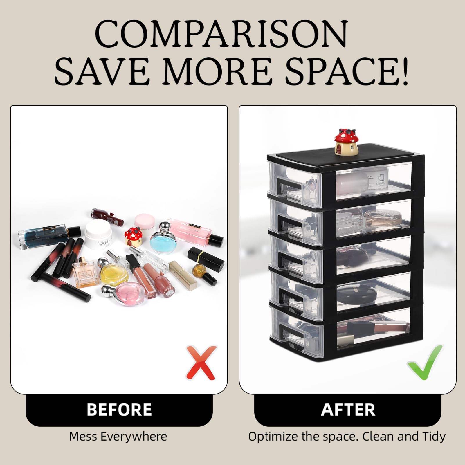 5-Tier Plastic Storage Drawer Cabinet - Portable Transparent Organizer for Closet, Desktop & Home Organization (Black, 5.9x8.3x12.3in) - Perfect for Office Supplies, Crafts, Makeup & Small Item Storage