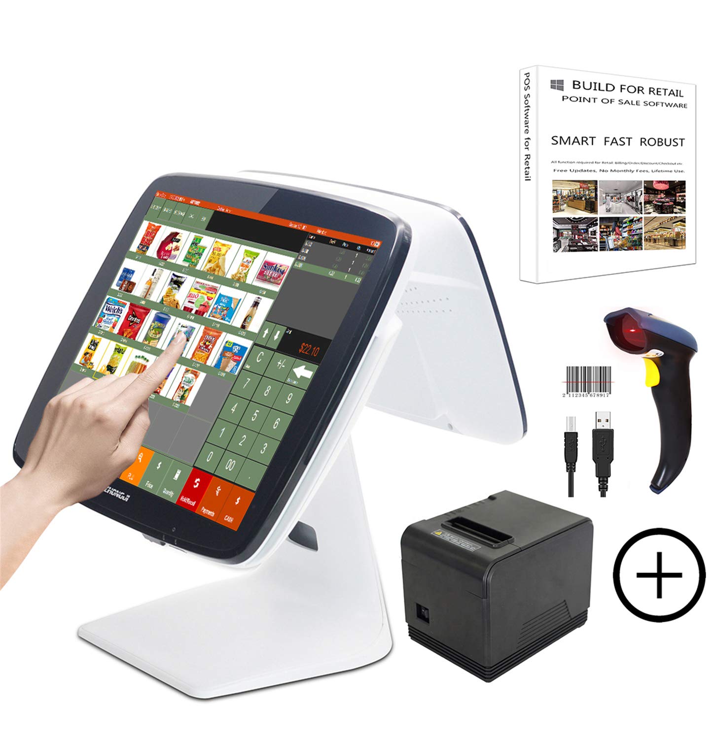 Touch POS System with 3 1/8'' Thermal Receipt Printer, Barcode Scanner & POS Software - All-in-One Cash Register for Retail Stores, Restaurants & Small Businesses | Fast Checkout & Inventory Management