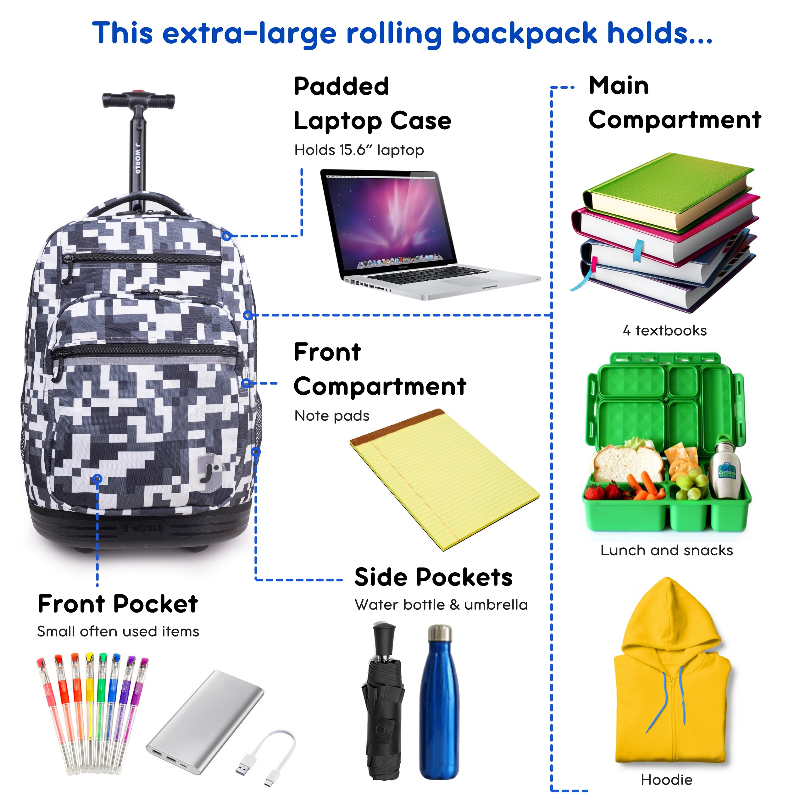 J World New York Sundance Rolling Backpack for Kids - 20 Inch Wheeled School Bookbag with Durable Wheels & Adjustable Handle - Perfect for School, Travel & Daily Use (Camo Design)