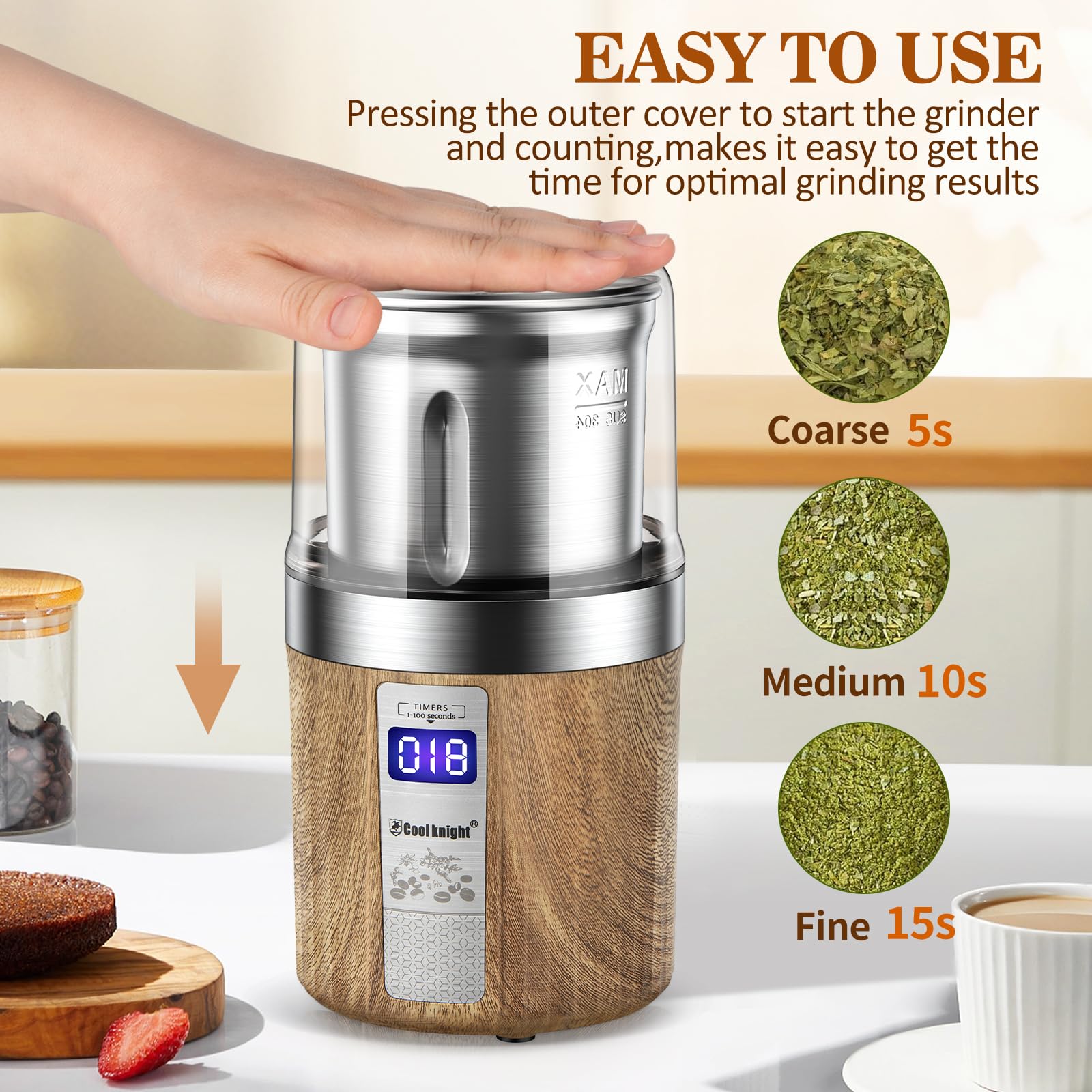 COOL KNIGHT Electric Herb Grinder - 304 Stainless Steel Blades & Removable Bowl for Spices, Coffee Beans, Herbs - Large Capacity with Timer - Perfect for Kitchen, Baking & Coffee Brewing