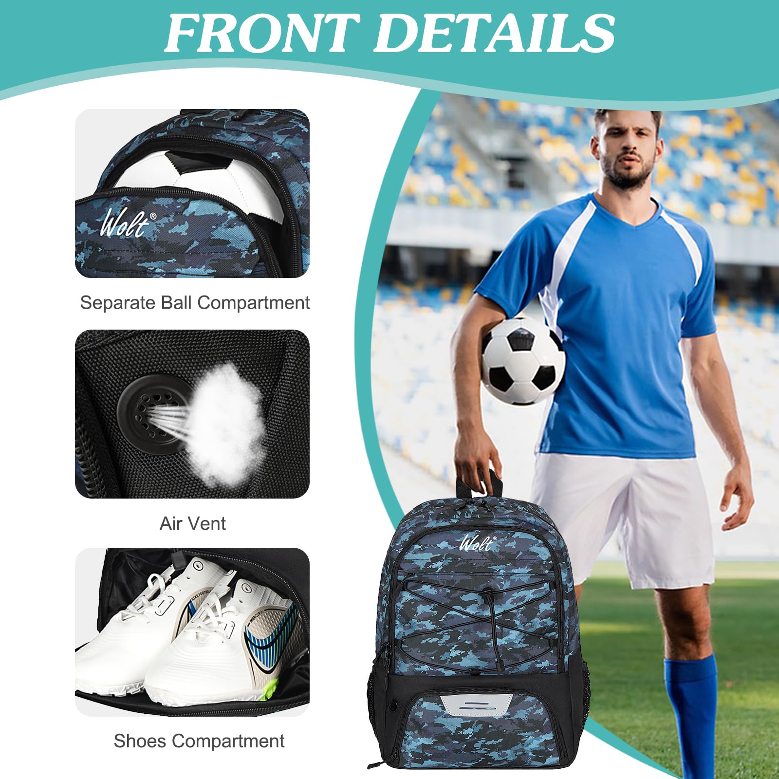 WOLT Youth Soccer Backpack - Lightweight Sports Bag with Cleat Shoe & Ball Compartments for Soccer, Basketball, Volleyball - Perfect for Training, Games & Travel
