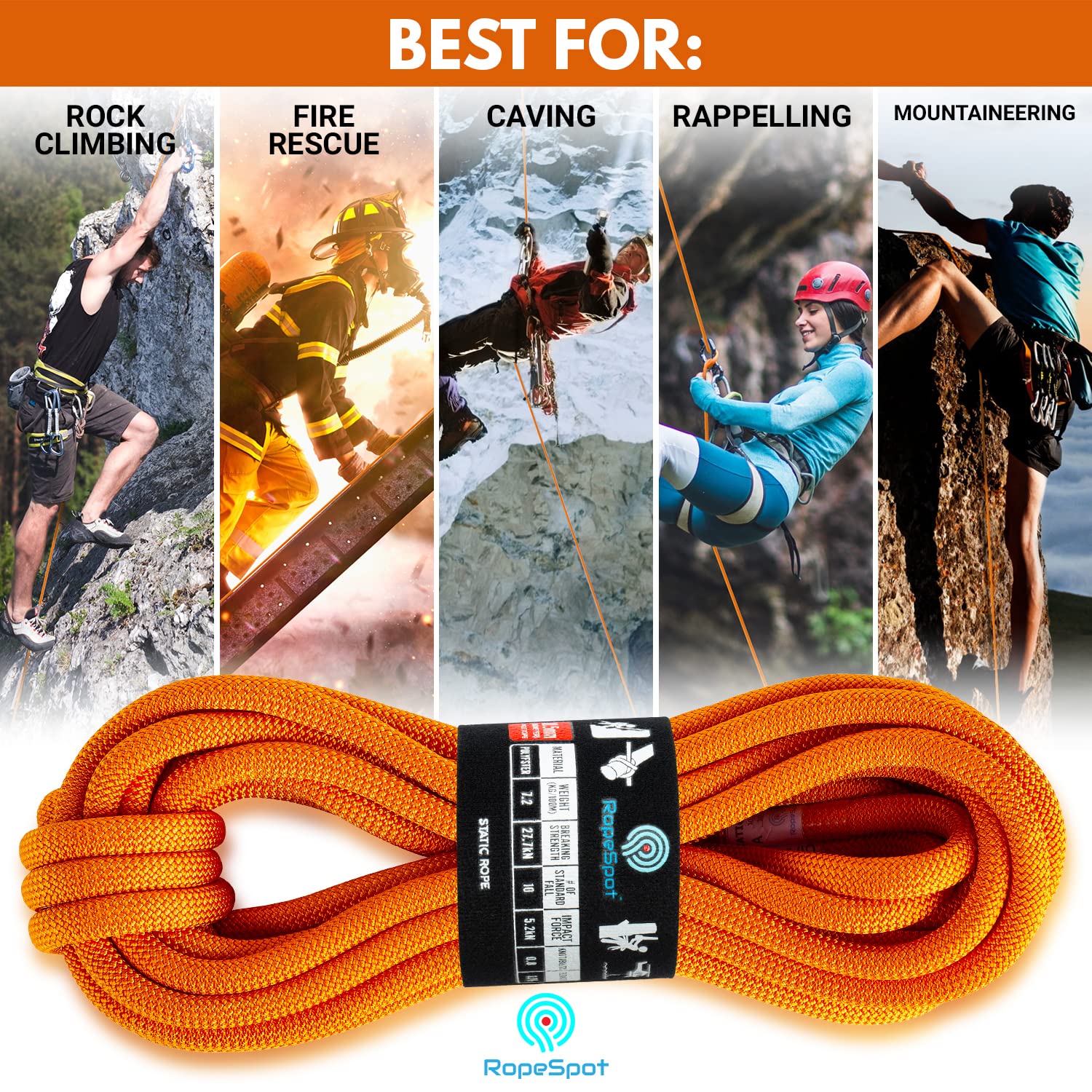 UIAA Certified 10.5mm Static Climbing Rope - High Strength Rock Climbing Gear for Mountaineering & Rescue - Heavy Duty Safety Rope for Outdoor Adventures & Emergency Situations