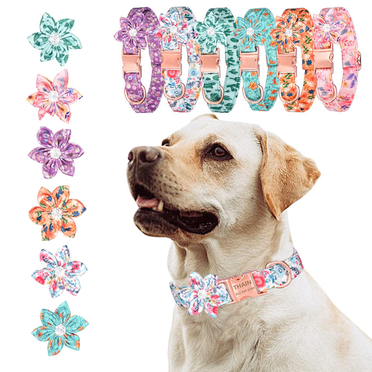 Custom Personalized Floral Dog Collar for Female Dogs - Engraved Name, Rose Gold Buckle, Adjustable (12.2-19.6