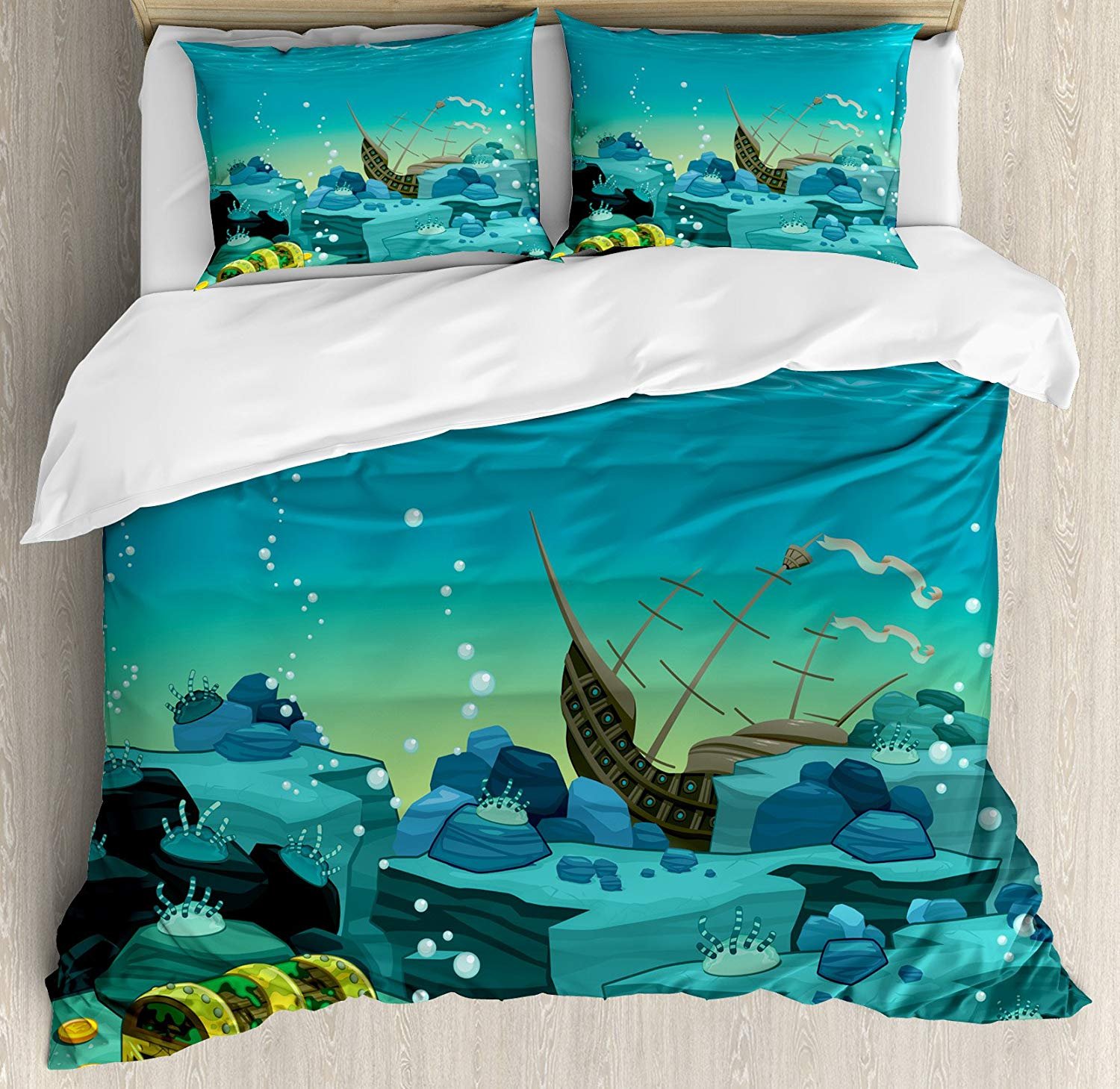 3 Piece King Size Pirate Kids Bedding Set - Cartoon Underwater Seascape with Treasure Galleon & Sunken Ship Print Duvet Cover + 2 Pillow Shams | Soft Comfortable Bed Set for Boys Girls Room Decor