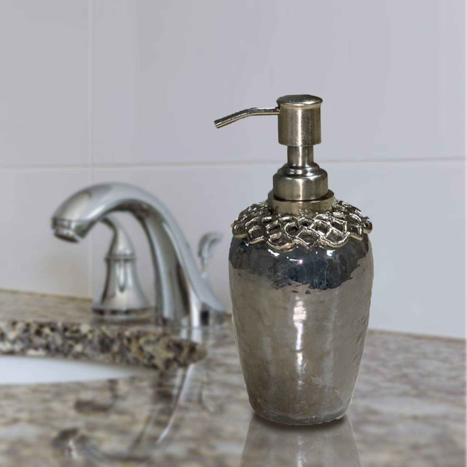 Decozen Brass and Glass Gold Soap Dispenser - Refillable Liquid Soap & Lotion Pump for Kitchen, Bathroom, and Home Decor | Elegant Arabesque Collection | Perfect for Modern Farmhouse, Luxury Spa, and Guest Bathroom Essentials