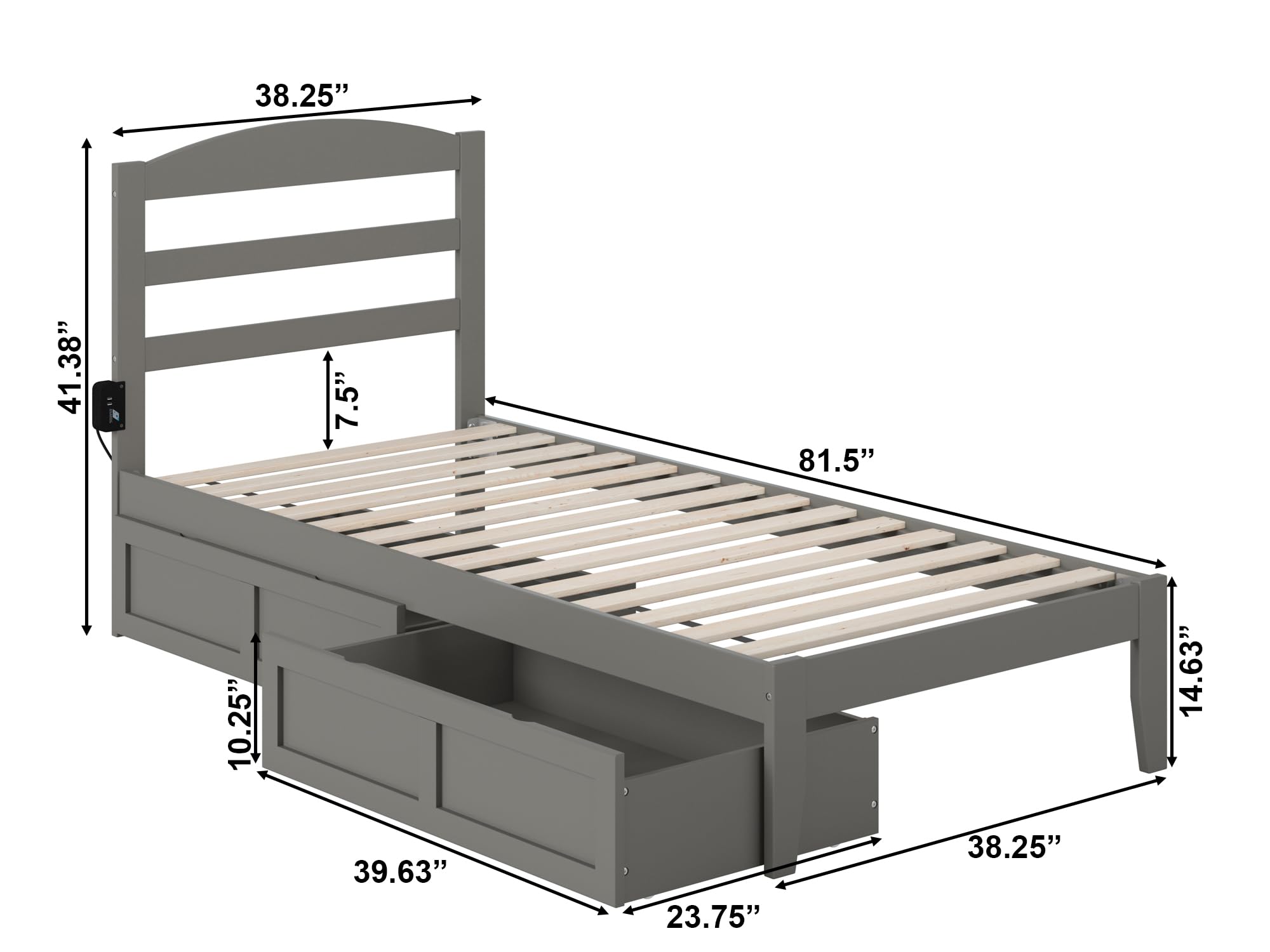 AFI Warren Twin XL Platform Bed Frame with 2 Storage Drawers & Built-in USB Charger - Space Saving Grey Bed for Small Rooms, Dorm & Guest Bedroom