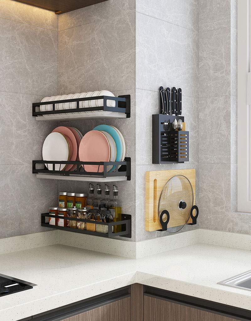Wall Mounted Kitchen Organizer Set - Plate Rack, Bowl Rack, Pot Lid Holder, Cutting Board Storage, Knife Rack & Spice Organizer | Space Saving Kitchen Storage Solution for Small Kitchens, Apartments & RV Living