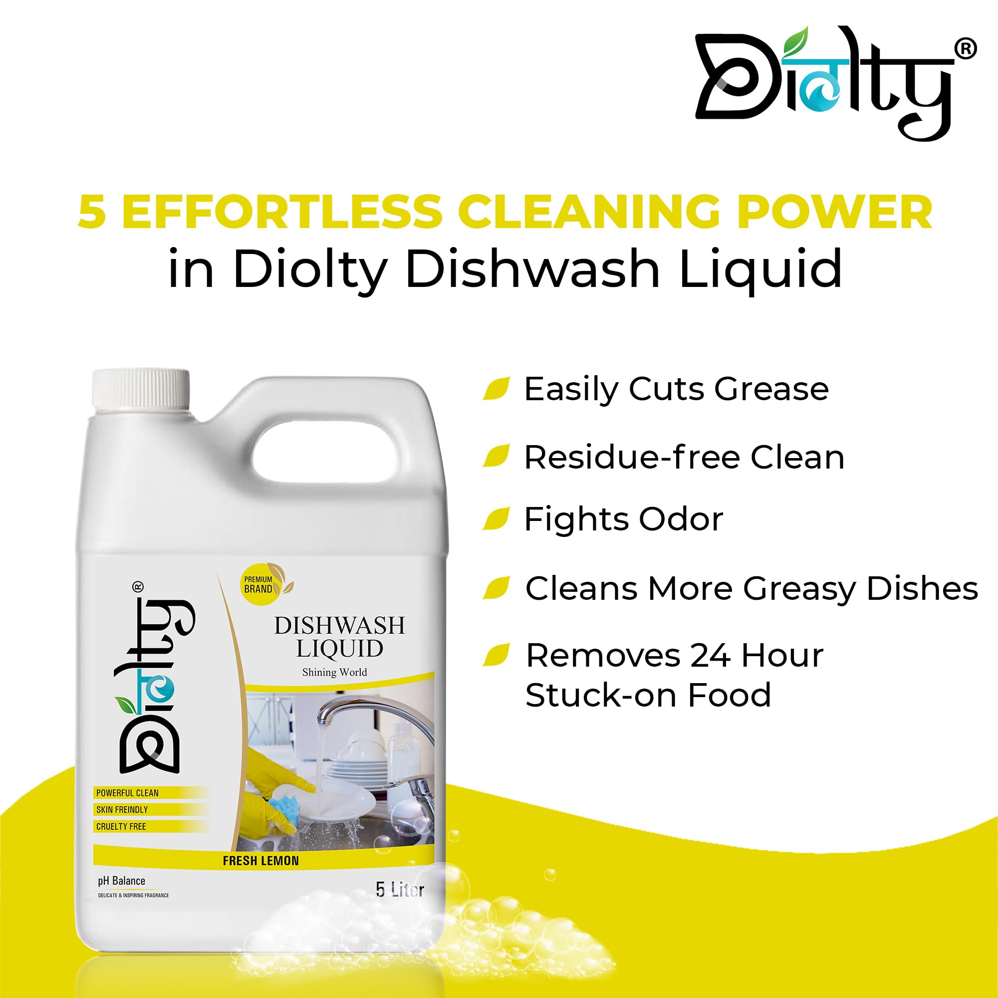 Diolty Dishwashing Liquid Gel 5L with Lime & Basil Fragrance - No Residue, Powerful Cleaning - Perfect for Kitchen, Restaurant & Home Use