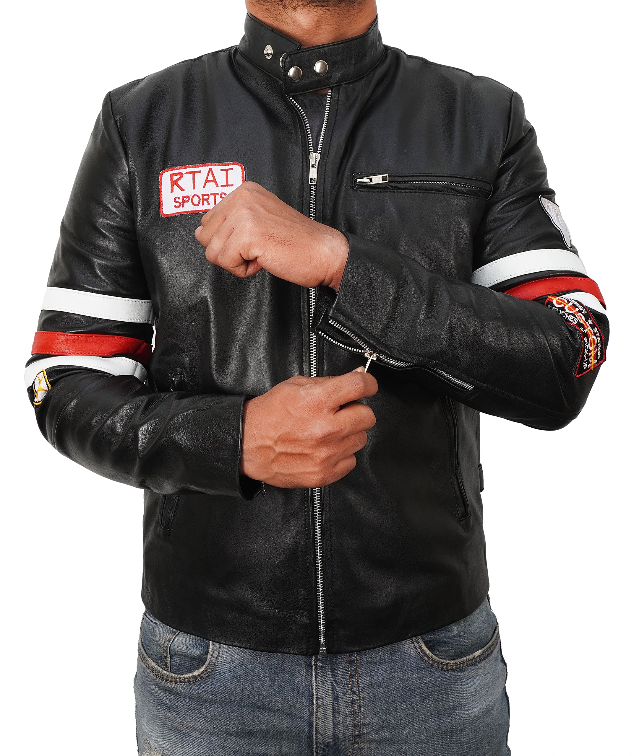 Men's Dr. Gregory House Black Leather Biker Jacket with Hugh Laurie RTAI Sports Patches - TV Show Inspired Motorcycle Jacket for Fans & Bikers - Perfect for Cosplay, Halloween & Riding