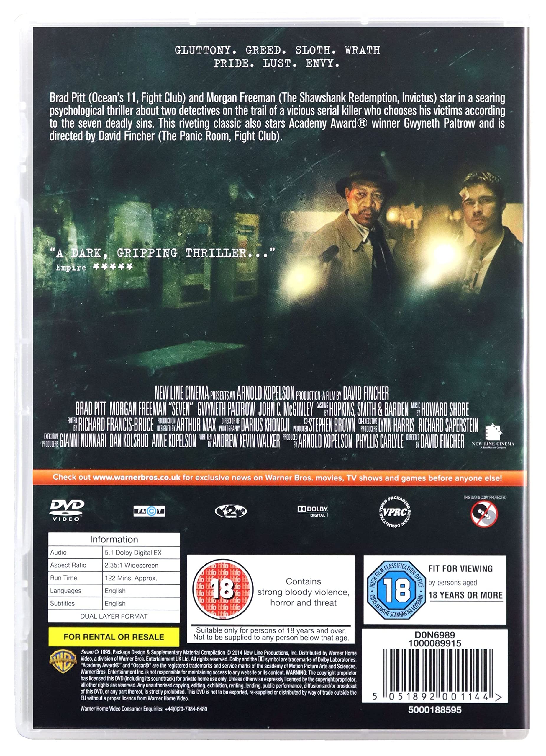 Seven (1995) DVD - Thriller Movie Starring Brad Pitt & Morgan Freeman - Perfect for Movie Nights & Suspense Lovers