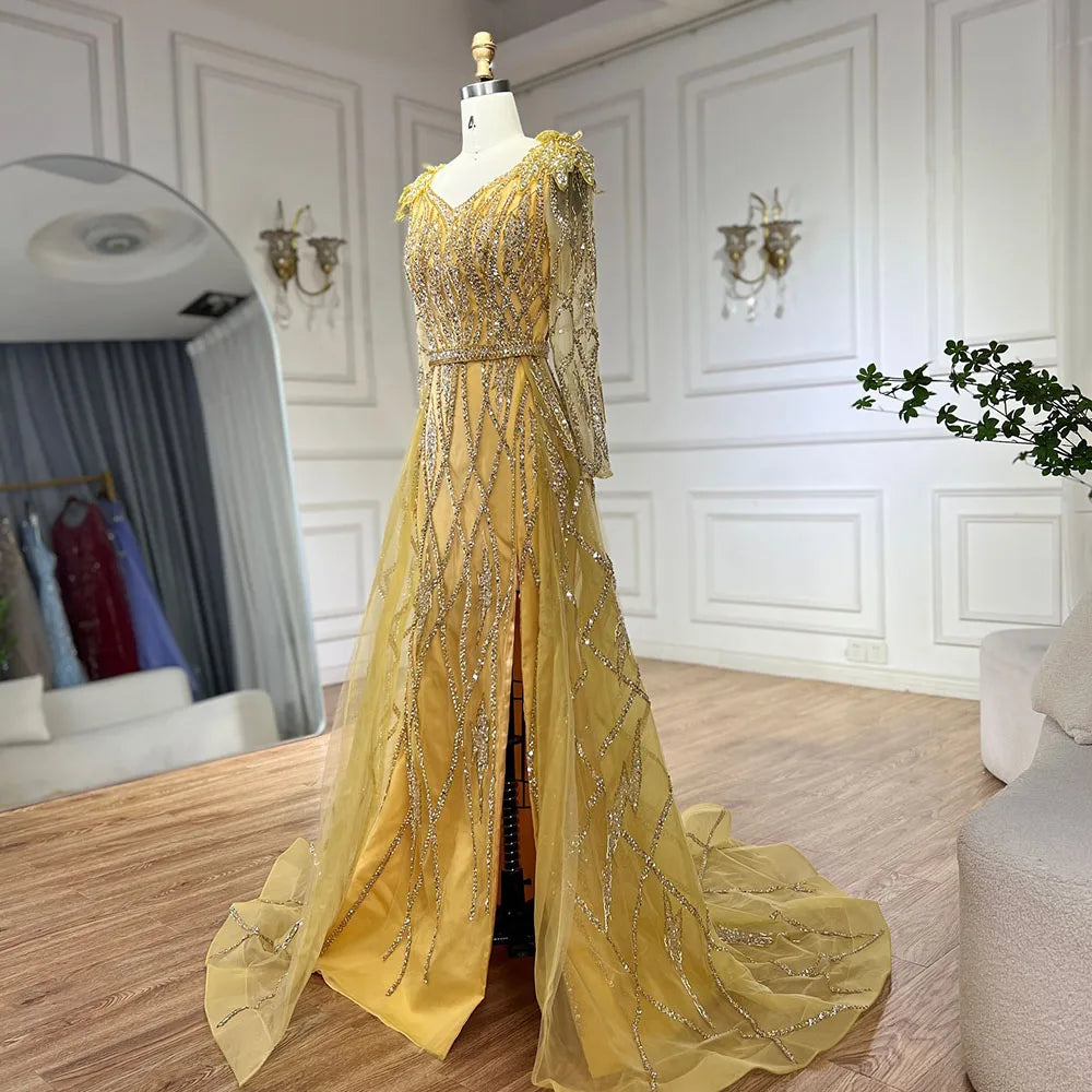 Luxury Dubai Evening Dresses for Women - Gold Beaded Muslim Mermaid Gown with Overskirt | Elegant Wedding Party Dress LA72211 | Perfect for Bridal Showers, Formal Events & Special Occasions