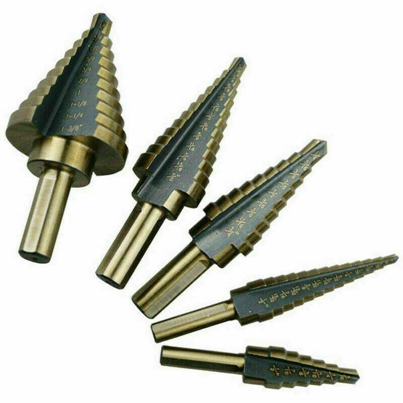 5Pcs HSS Cobalt Step Drill Bit Set - 50 Sizes Cone Shaped Hole Opener Kit for Metal, Wood & Plastic - Perfect for DIY Projects, Metalworking, Engraving & Home Repairs