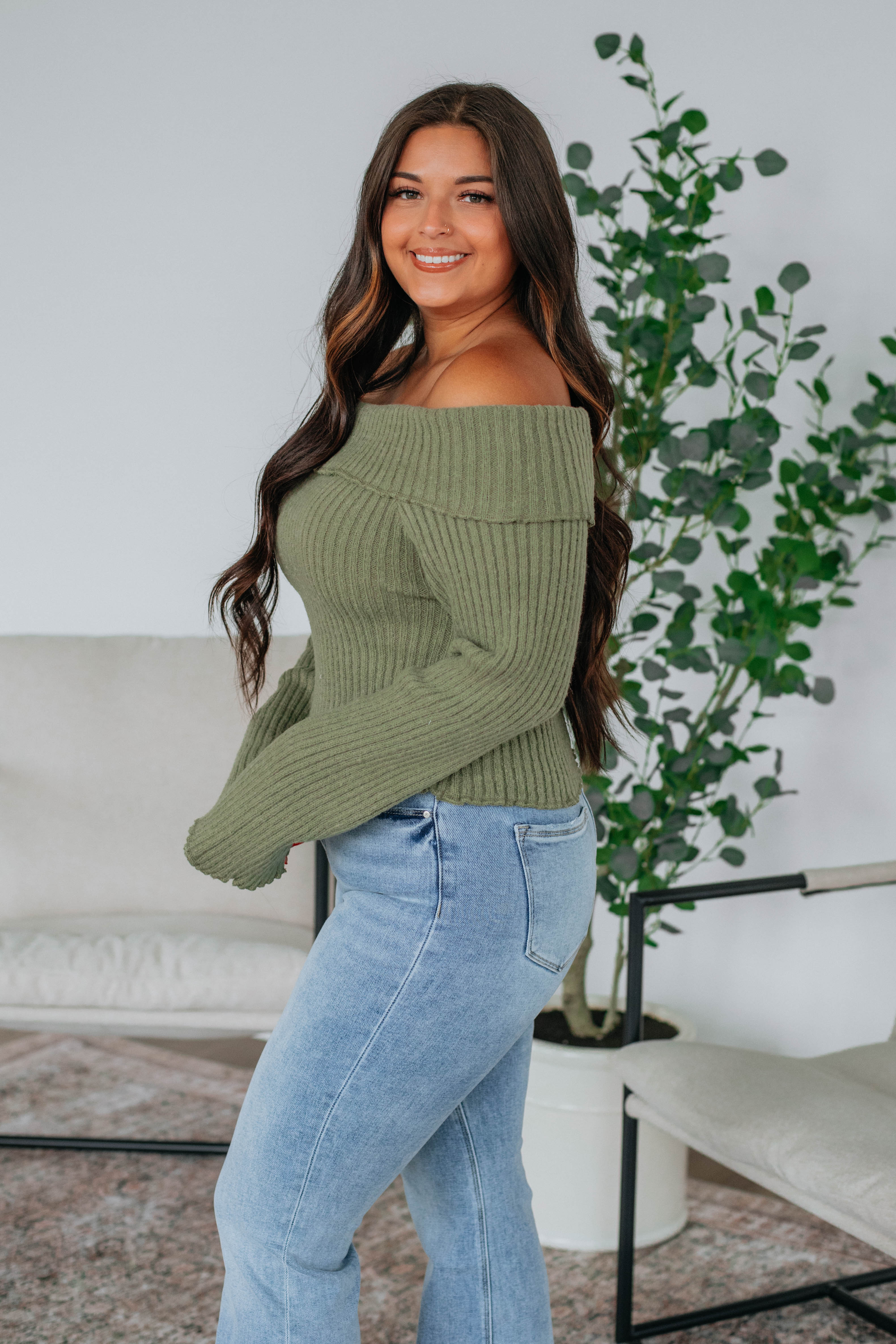 Elaine Off Shoulder Sweater for Women - Olive Green Knit Pullover | Casual Fall & Winter Fashion | Perfect for Dates, Parties & Cozy Nights