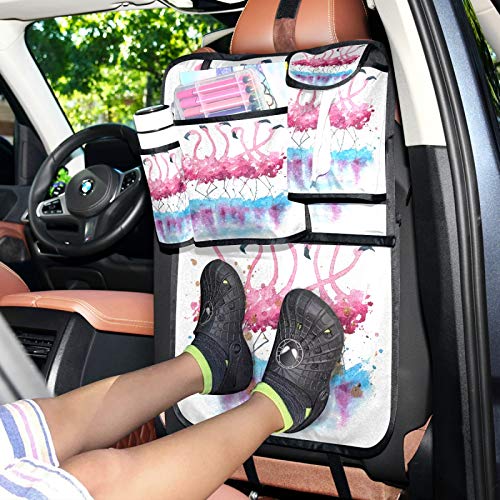 WELLDAY 2PCS Car Backseat Organizer with Multiple Pockets - Flamingo Lake Design Trunk Storage for Travel Accessories, Kick Mats Protector for Kids & Toddlers - Perfect for Road Trips, Family Vacations and Daily Commutes