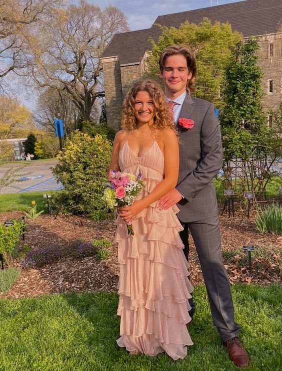 Elegant A-Line Pink Layered Long Prom Dress with V-Neck - Perfect for Wedding Guest, Formal Events & Special Occasions - Style J4996