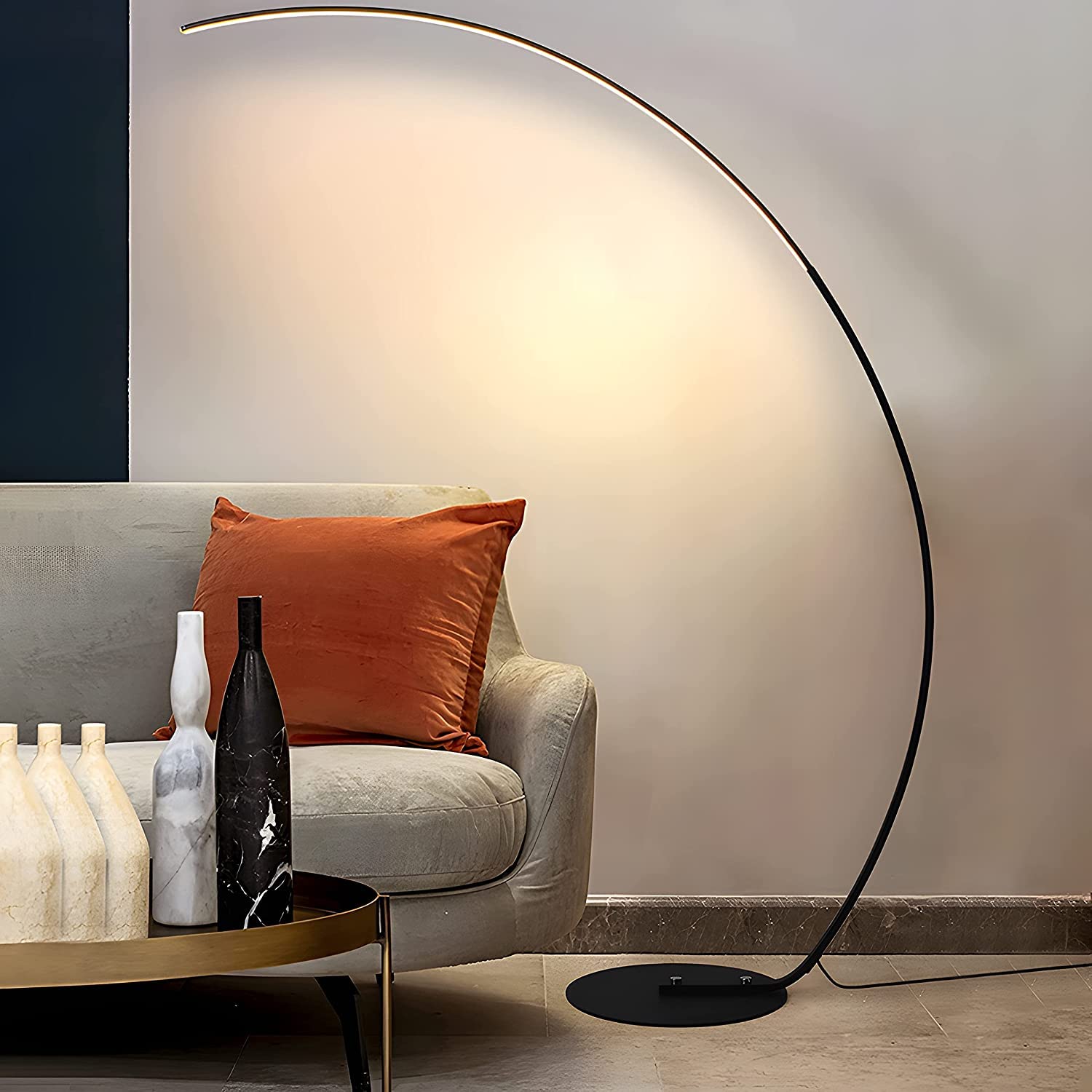 Modern LED Arc Floor Lamp - 3-Way Dimmable Standing Light for Living Room, Bedroom & Office - Black Metallic Minimalist Design (Ideal for Reading, Relaxation & Ambient Lighting)