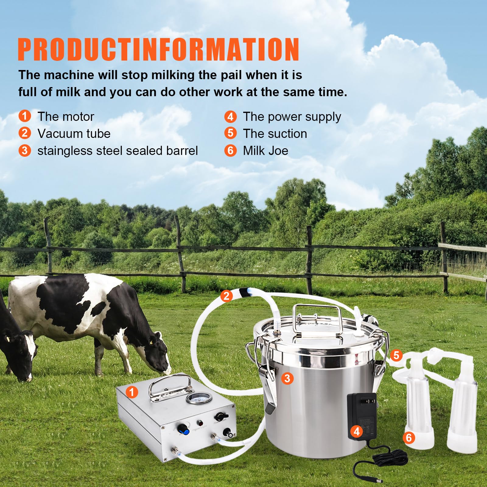 Portable Goat Milking Machine 6L - Stainless Steel Pulsating Vacuum Pump for Cows & Goats - Adjustable Speed & Auto Stop Valve - Easy Cleaning 304 Bucket | Ideal for Small Farms, Homesteads & Dairy Production
