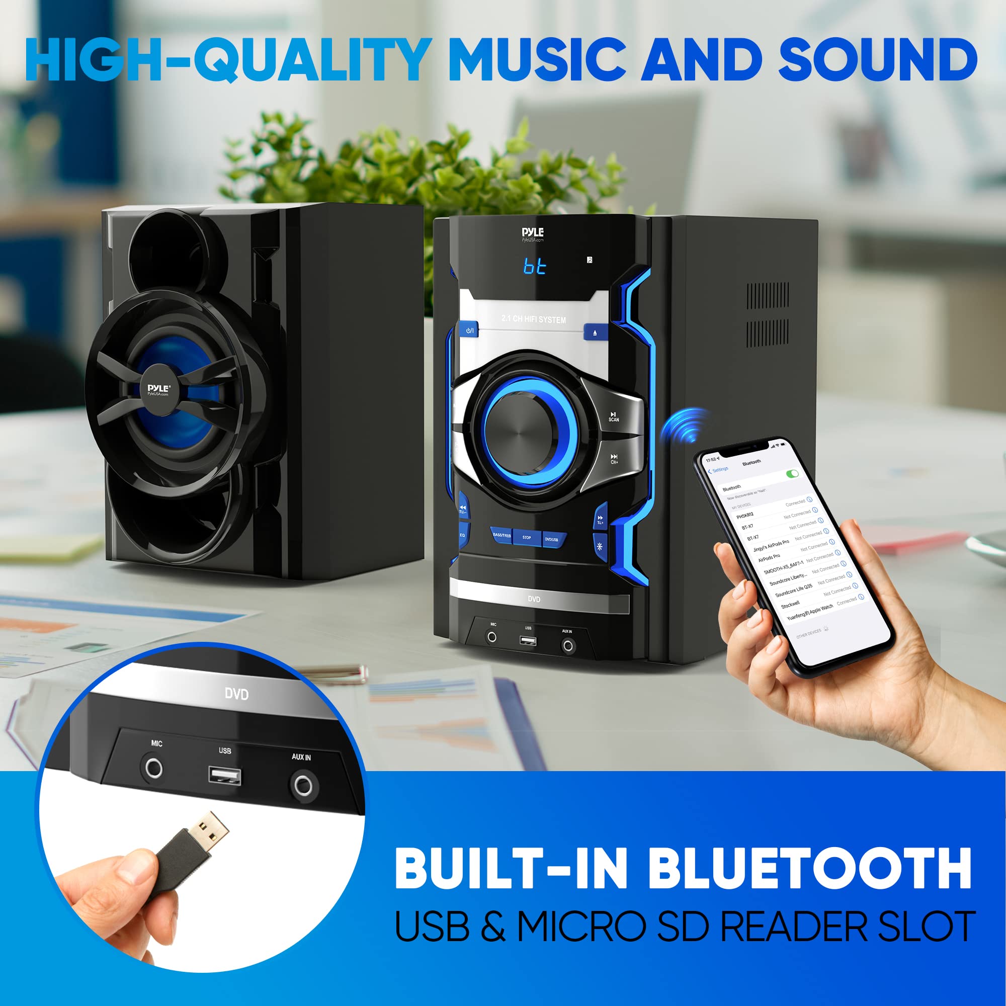 Pyle 3-Piece Wireless Bluetooth Stereo System - 1000W Home DVD Shelf System with DVD Player, MP3, USB, FM Radio, Bass Reflex Speakers & Remote - Compact Portable Audio for Living Room, Bedroom & Parties (PHSKR14.5)