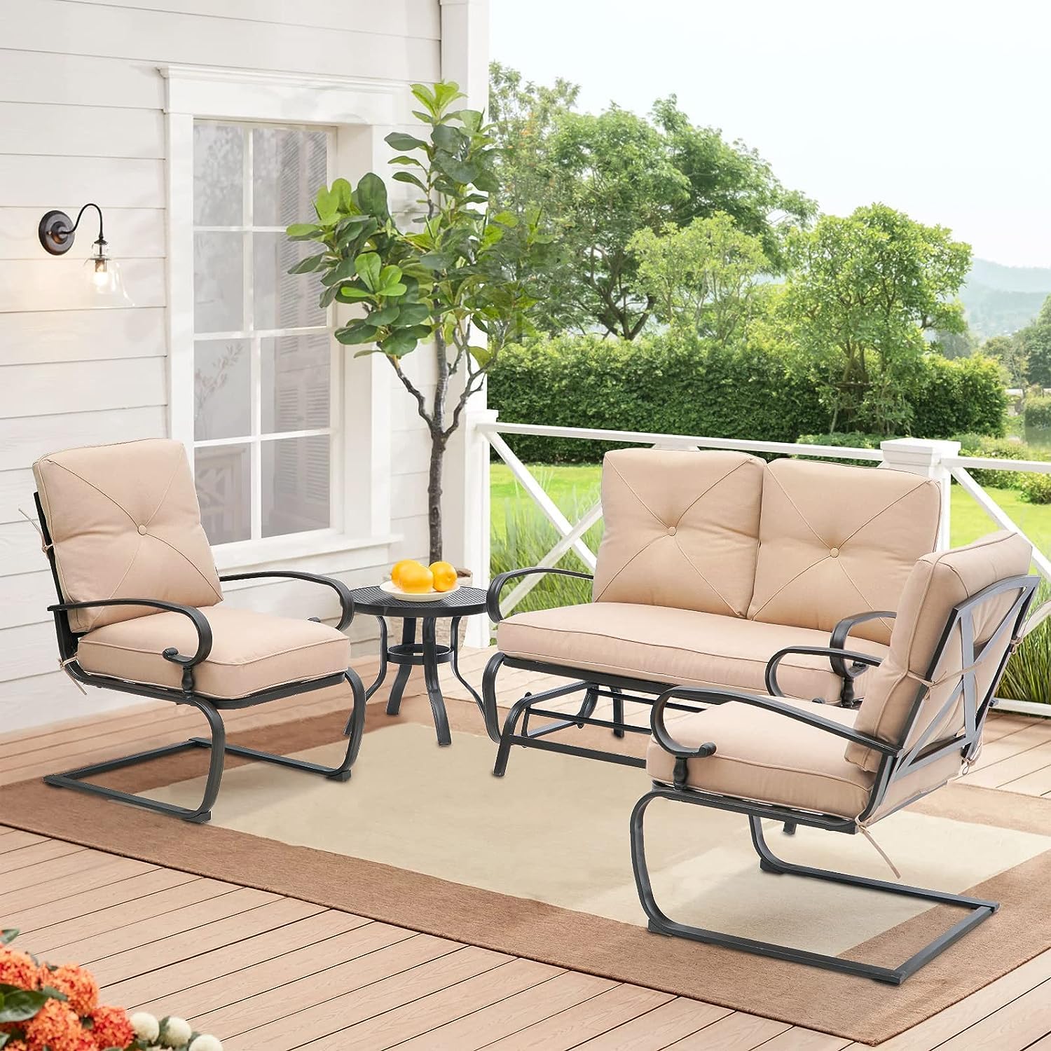 4-Piece Metal Outdoor Patio Conversation Set - Glider Chairs with Round Side Table, Wrought Iron Look Spring Lounge Chairs (Brown) - Perfect for Backyard, Garden, Poolside Relaxation