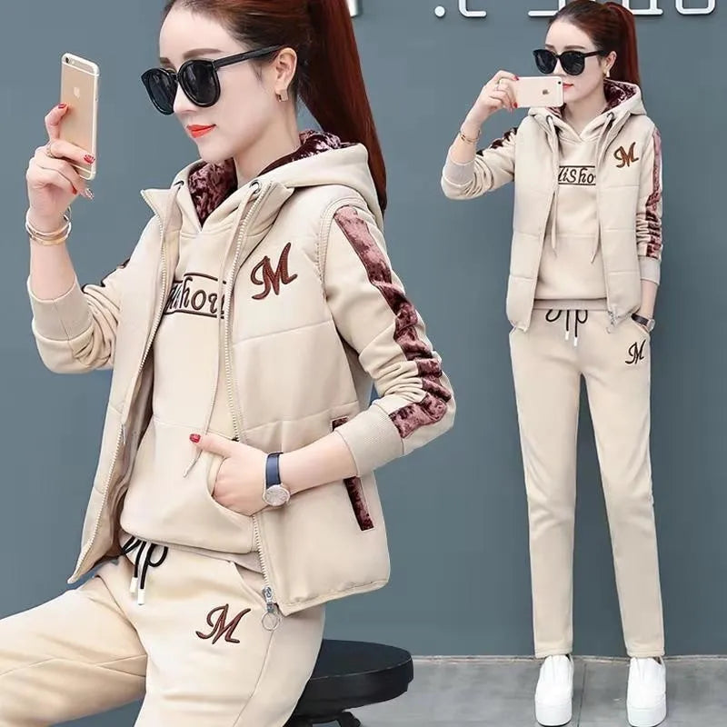 Women's Autumn Winter Casual Sweatpants Set - Plush Thickened Hoodie & Waistcoat 3-Piece Outfit | Cozy Lounge Wear for Home, Gym & Street Fashion