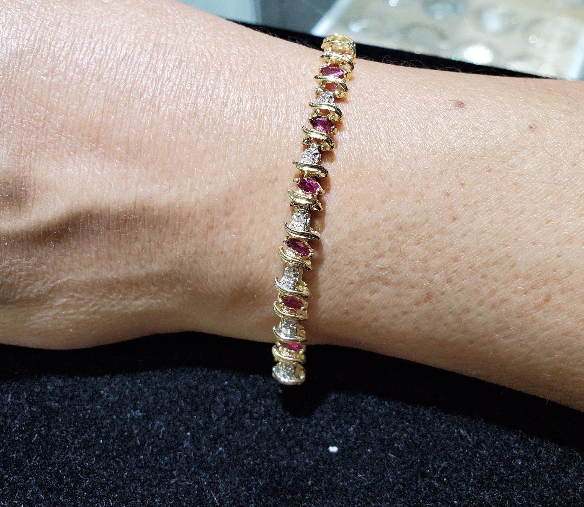 Exquisite Marquise Ruby and Diamond Tennis Bracelet - 14K Gold Plated Elegant Jewelry for Women - Perfect for Weddings, Parties & Special Occasions