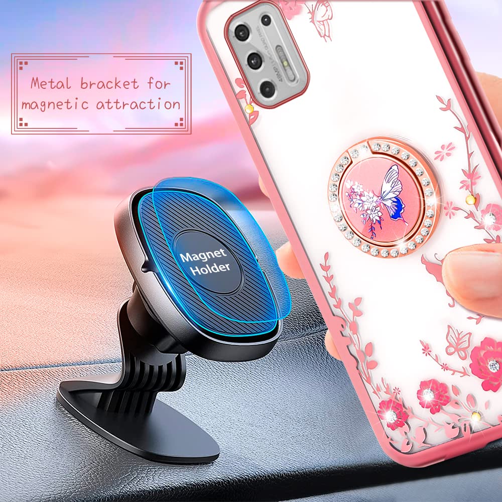 Motorola Moto G Stylus 2021 4G Phone Case with Ring Kickstand & Lanyard - Cute Floral Shockproof Protective Cover for Women (Rose Butterfly) | Perfect for Daily Use, Work, and Travel Protection
