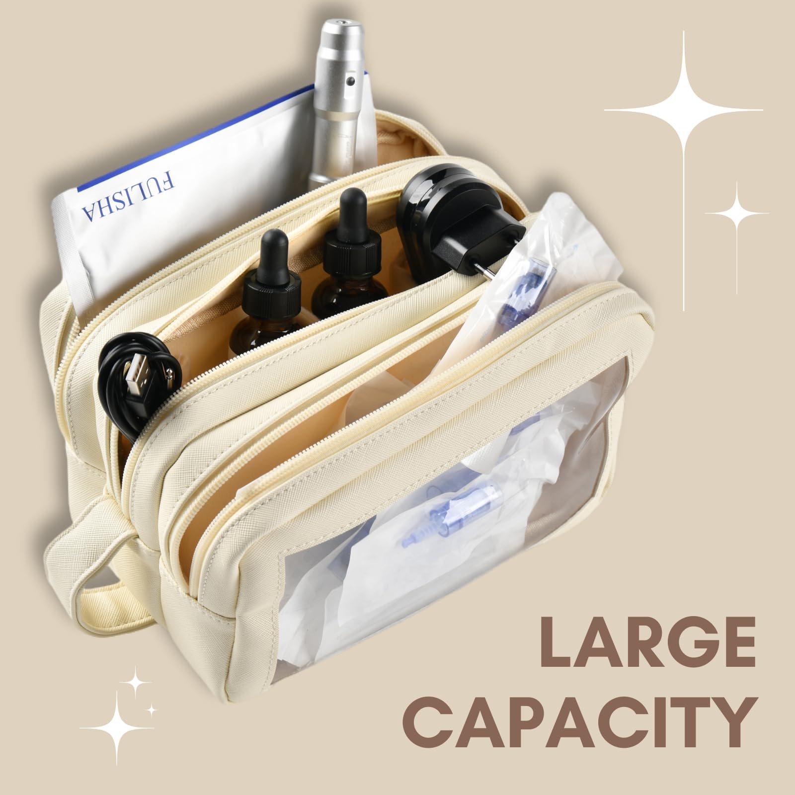 Large Waterproof Makeup Bag for Travel & Professional Microneedling Pen Storage - Portable Cosmetic Organizer with High Capacity for Women & Girls (Milky White) | Perfect for Travel, Salon Visits & Daily Beauty Essentials Organization