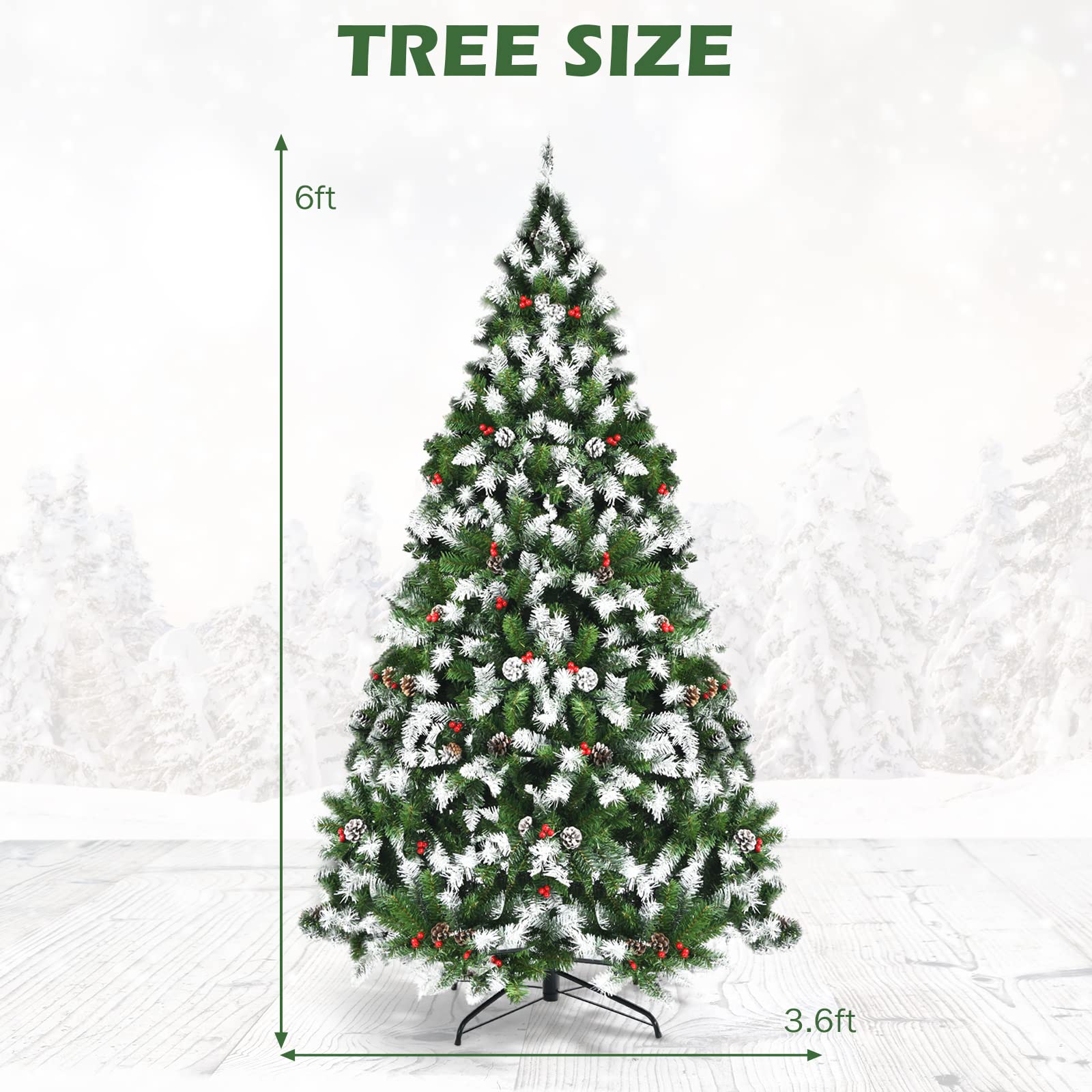 GOFLAME 6ft Pre-Lit Snow Flocked Artificial Christmas Tree with 250 Warm White LED Lights, 8 Lighting Modes, Hinged Branches & Sturdy Metal Stand - Perfect for Living Room, Office, and Holiday Festival Indoor Decorations