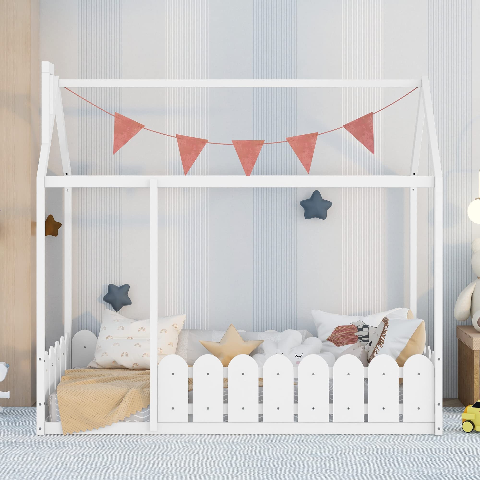 Harper & Bright Designs White Wood Twin Montessori Bed Frame with Fence-Shaped Guardrails for Kids - Safe Floor Bed for Toddlers, Girls & Boys - Perfect for Montessori Rooms, Daycare Centers & Kids' Bedrooms