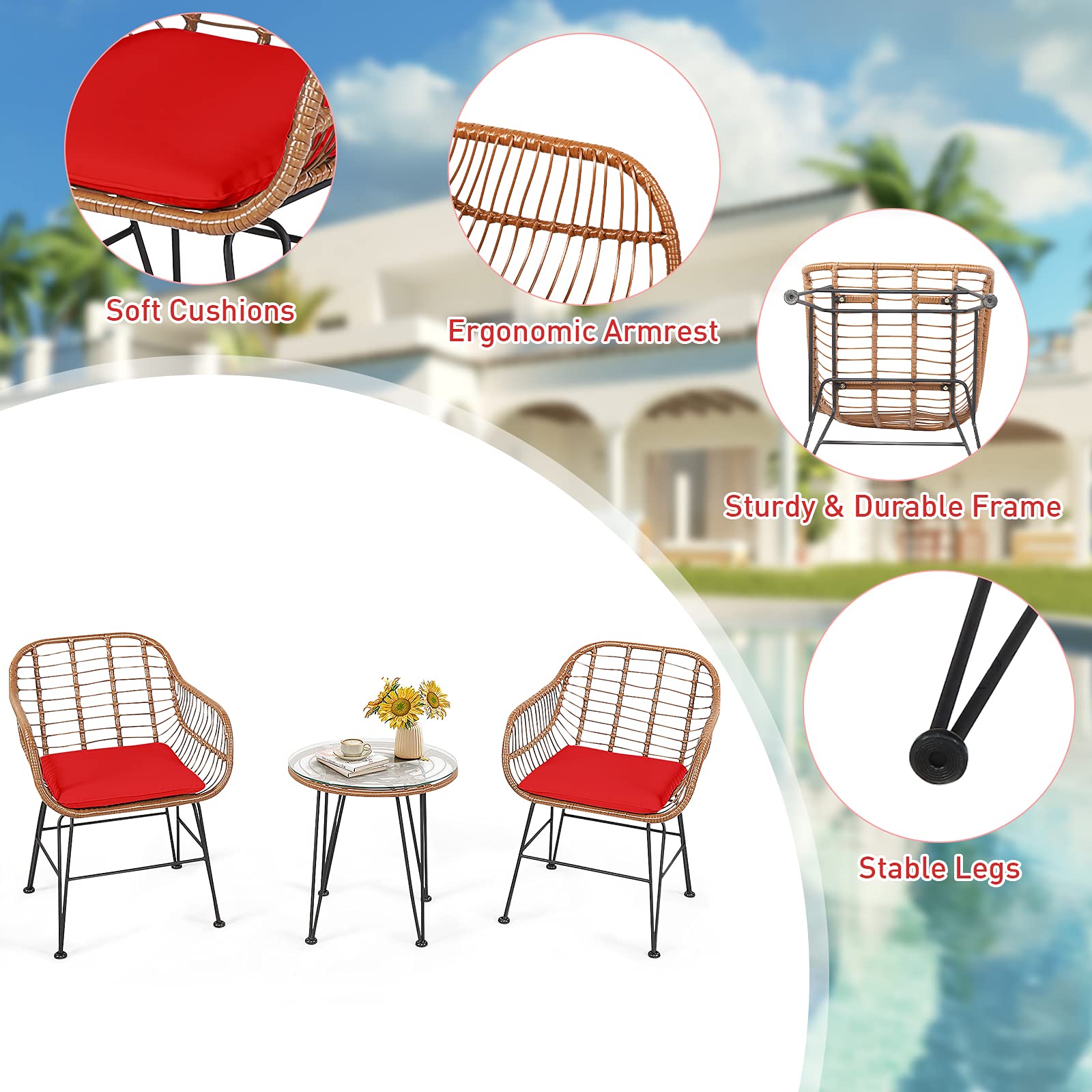 RELAX4LIFE 3-Piece Outdoor Patio Furniture Set - Rattan Bistro Table with Tempered Glass Top & 2 Wicker Armchairs - Perfect for Garden, Backyard, Porch, Balcony - Red Wicker Conversation Set for Relaxing & Entertaining Guests