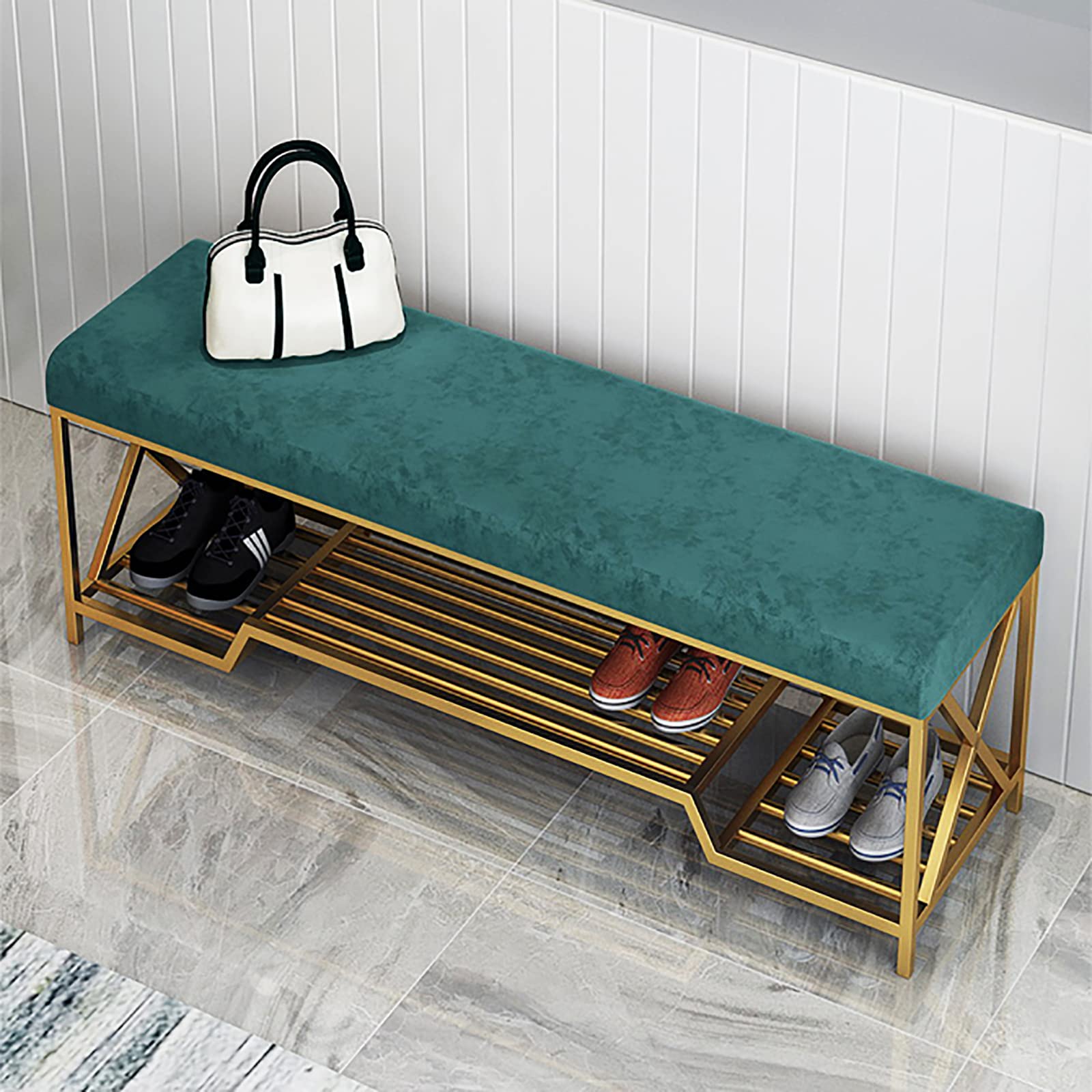 Modern Velvet Upholstered Entryway Bench with Golden Shoe Shelf - Shoe Storage Organizer, 80x35x45cm (31x14x18inch), Green - Perfect for Hallway, Bedroom or Living Room Décor